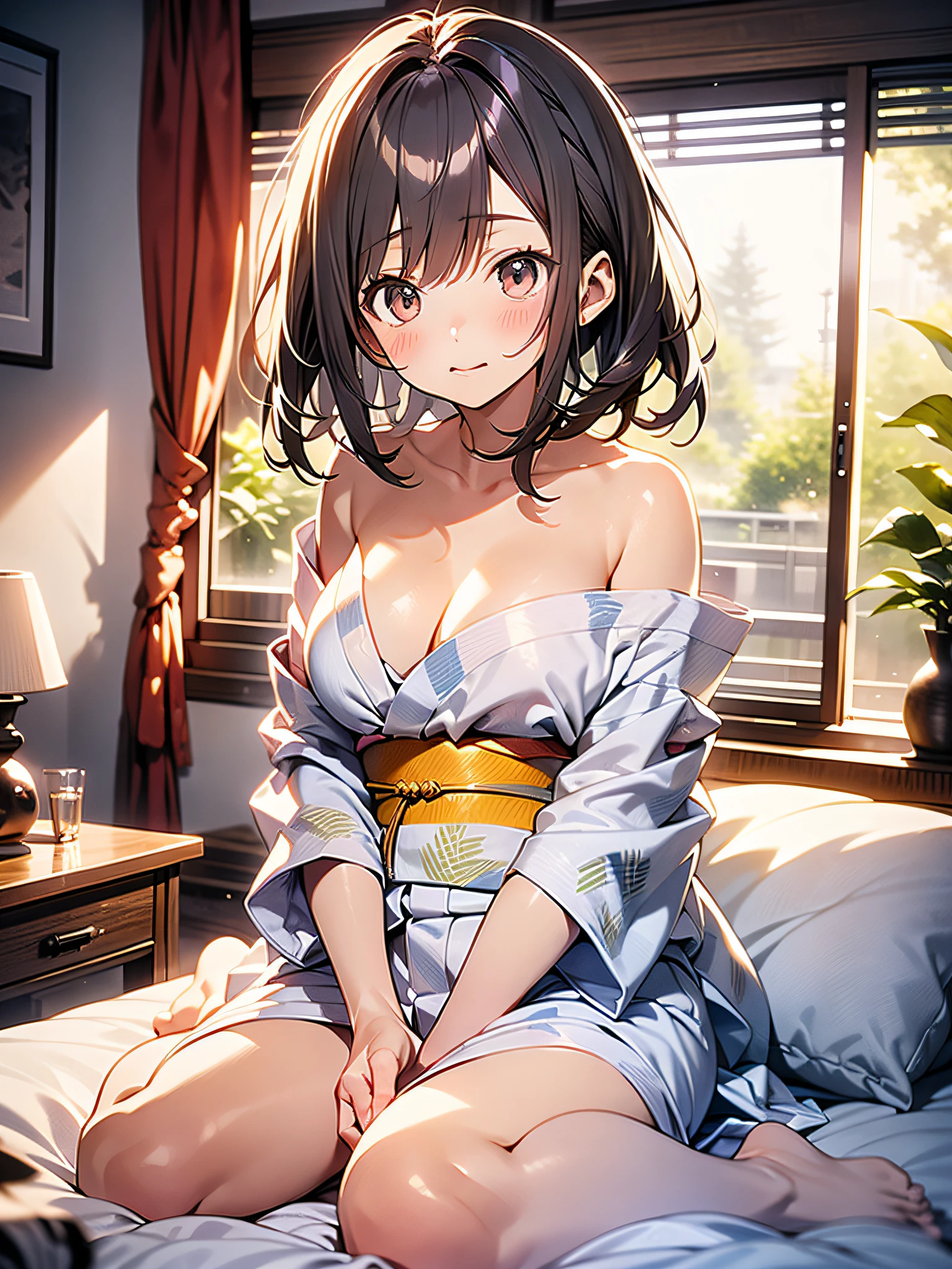 in 8K、top-quality、masterpiece、ultra-detailliert、Ultra-high resolution、Anime style、(1人の女性)、natta、darkened room、On the futon、Hakata yukata、Wide open chest、bare shoulders、embarrassed from、Red face