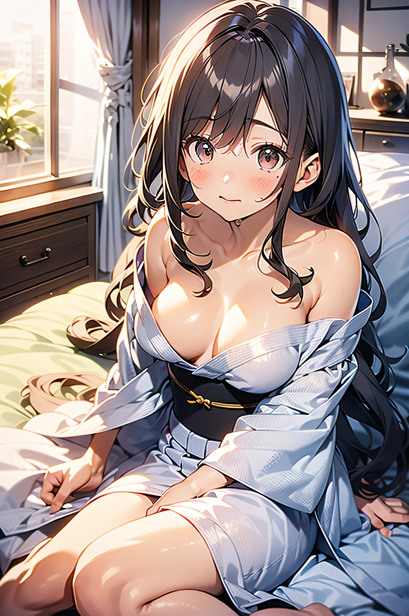 in 8K、top-quality、​masterpiece、ultra-detailliert、Ultra-high resolution、Anime style、(1人の女性)、natta、darkened room、On the futon、laying on back、Hakata yukata、Wide open chest、bare shoulders​、Red face、embarrassed from、