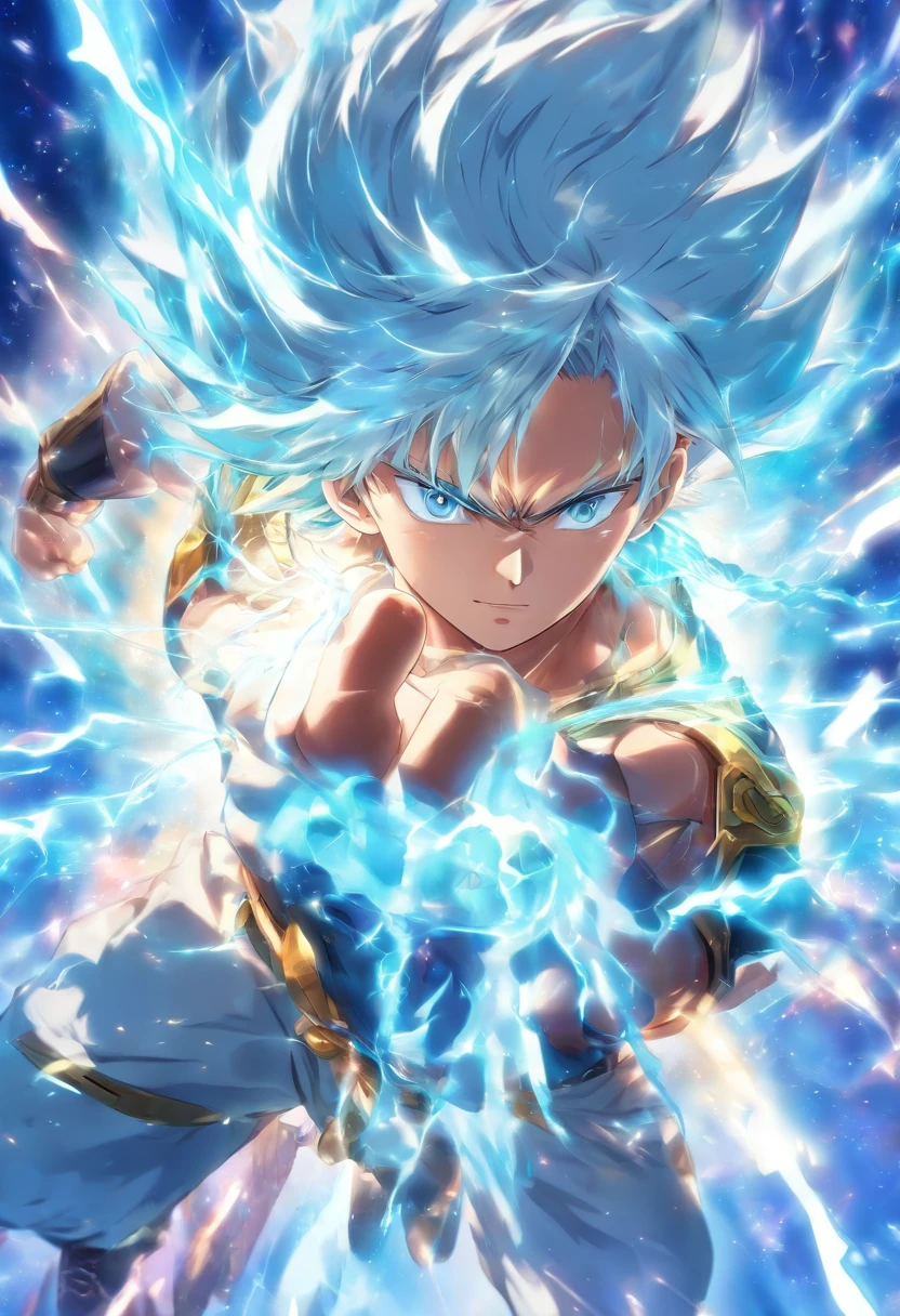 foreshortening, depth of fields, masutepiece, Best Quality, male people, White hair, Light blue with clear eyes, kosmos,