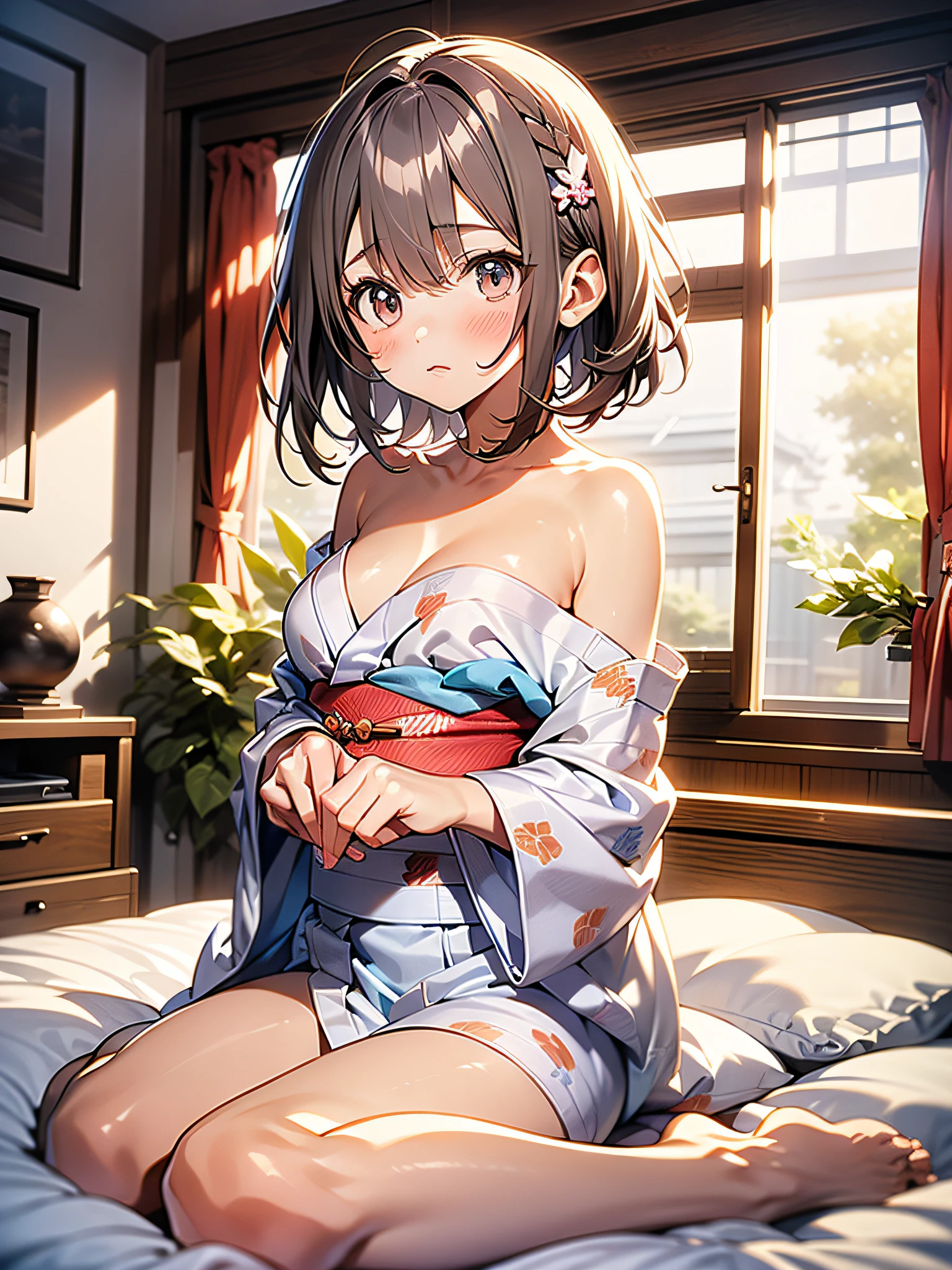 in 8K、top-quality、​masterpiece、ultra-detailliert、Ultra-high resolution、Anime style、(1人の女性)、natta、darkened room、On the futon、Hakata yukata、Wide open chest、bare shoulders​、embarrassed from、Red face