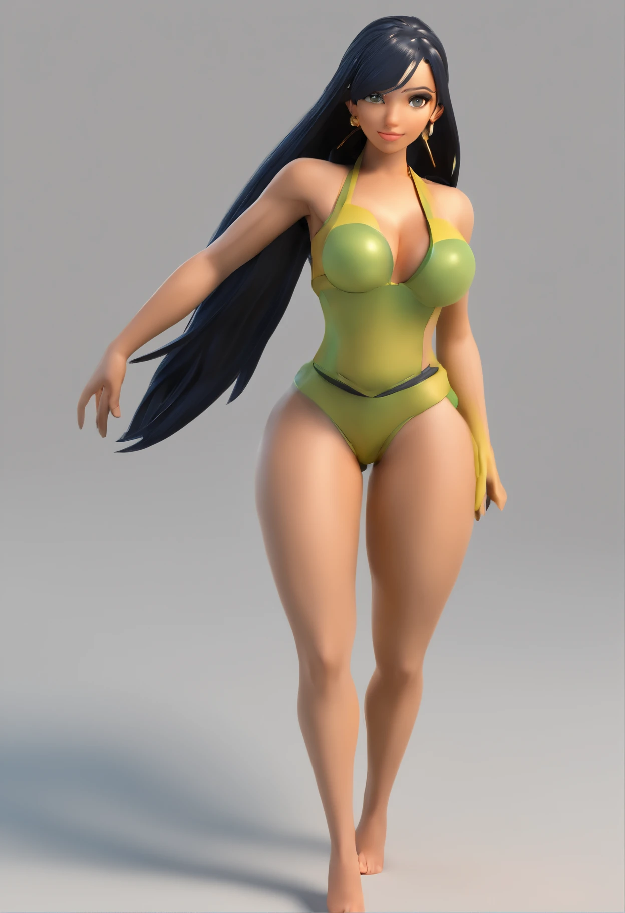 Personaje de anime, cabello negro, corto, ojos, amarillo oscuro, mirada feliz, micro bikini, cuerpo delgado.
