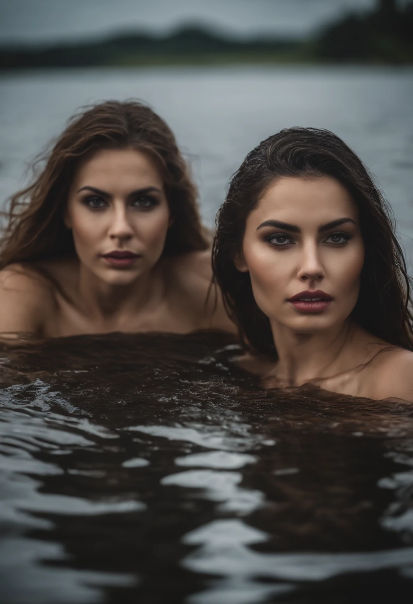 Aggressive 3 hot beauty taking bath together , shower, flowing, enjoying hard , playing soft , sharp look, wide eyes, very dark lips, fishnet, lake background , wet wet wet