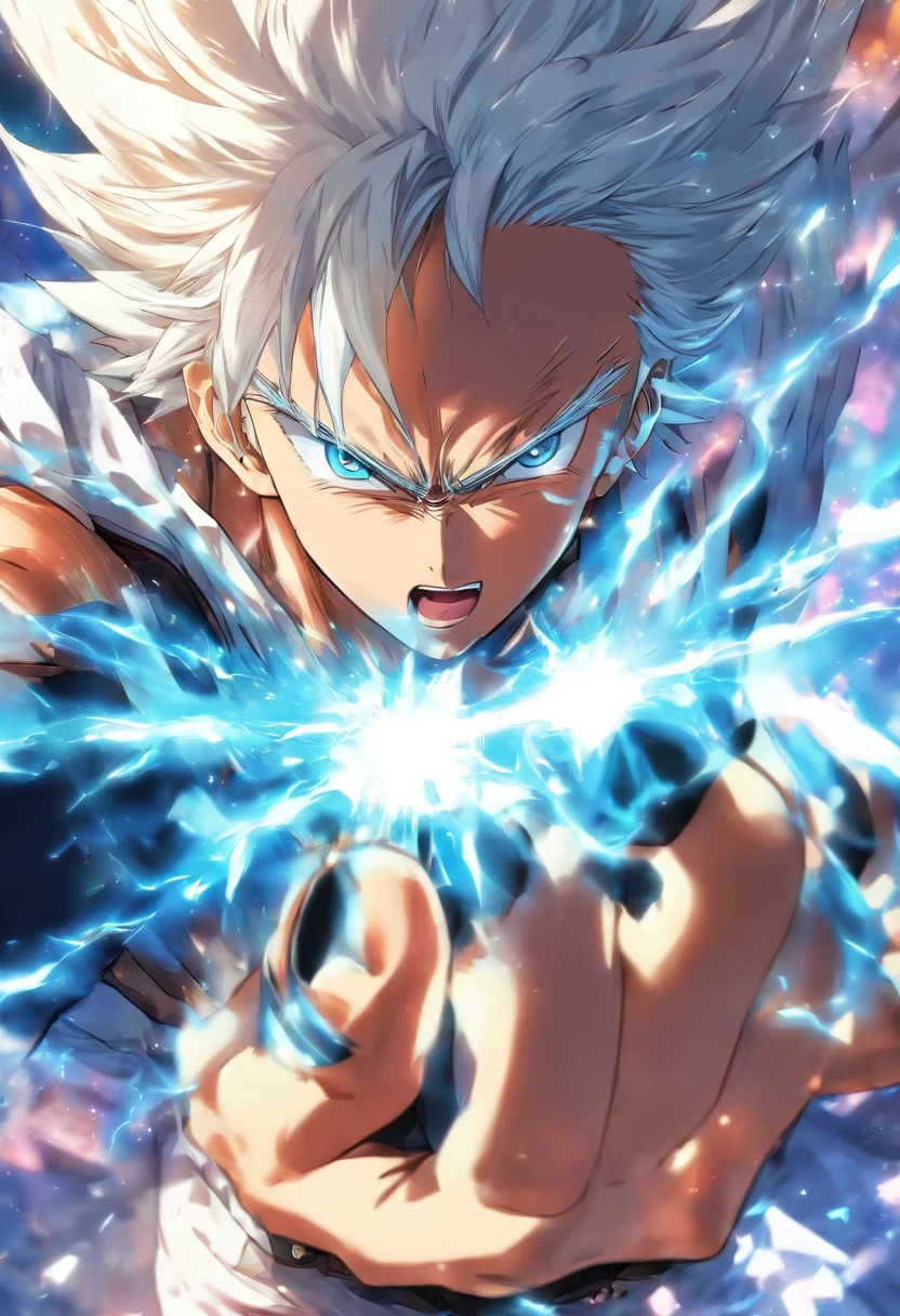 foreshortening,  depth of fields, masutepiece, Best Quality, male people, White hair, Clear eyes and light blue, kosmos,Gojo Gojo