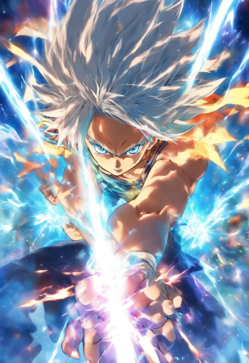foreshortening, depth of fields, masutepiece, Best Quality, male people, White hair, Clear eyes and light blue, kosmos,Gojo Gojo