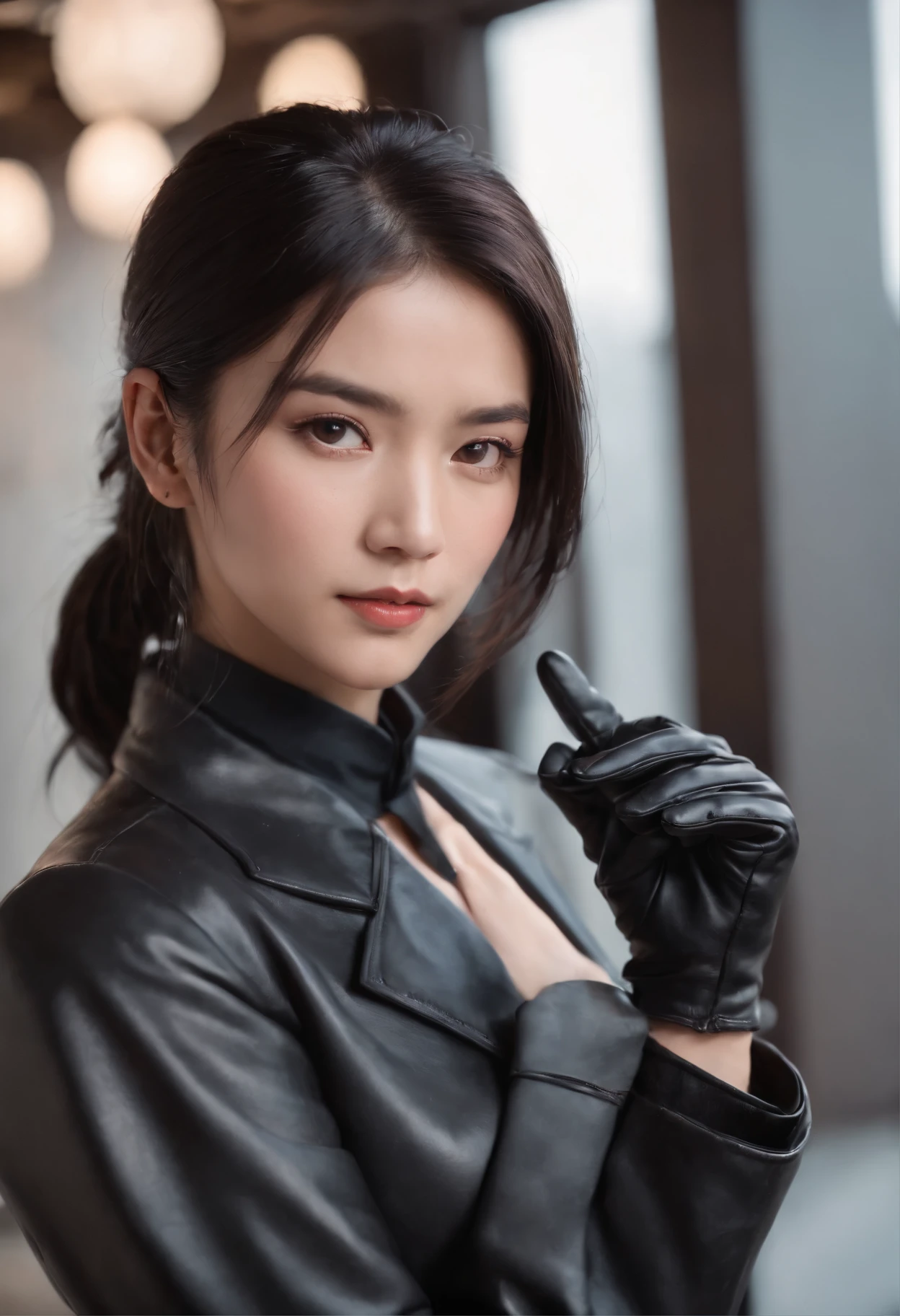 Black leather gloves, black suit, black hair, ponytail, Japanese girl, necklace, upper body