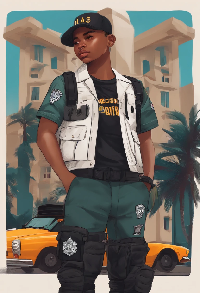 Modelo, digital illustation, alta qualidade, de 10 anos, com roupa de policial de transito, sem arma , streetwear, thicc, (Abs:1.2), (florescer:1.2)