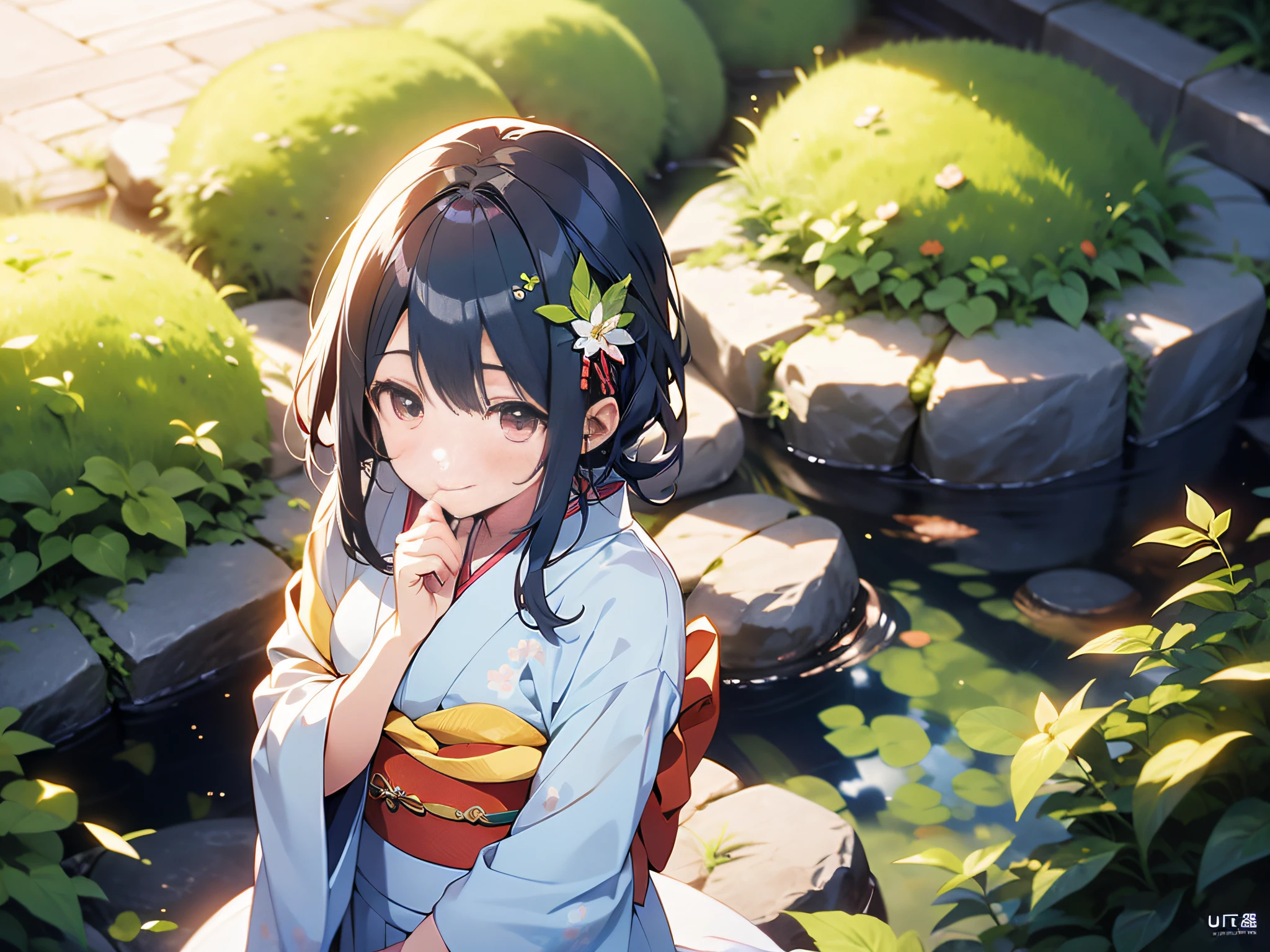 in 8K、top-quality、masterpiece、ultra-detailliert、Ultra-high resolution、Anime style、(1人の女性)、Kimono、Colored leaves、Perspective from above、Focus on the upper body