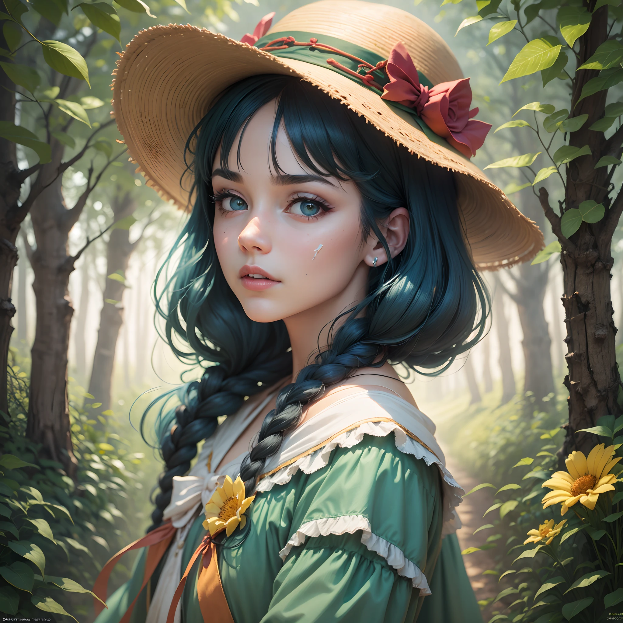 wizard of oz golden road, friendly scarecrow standing tall in the cornfield, its eyes blue,