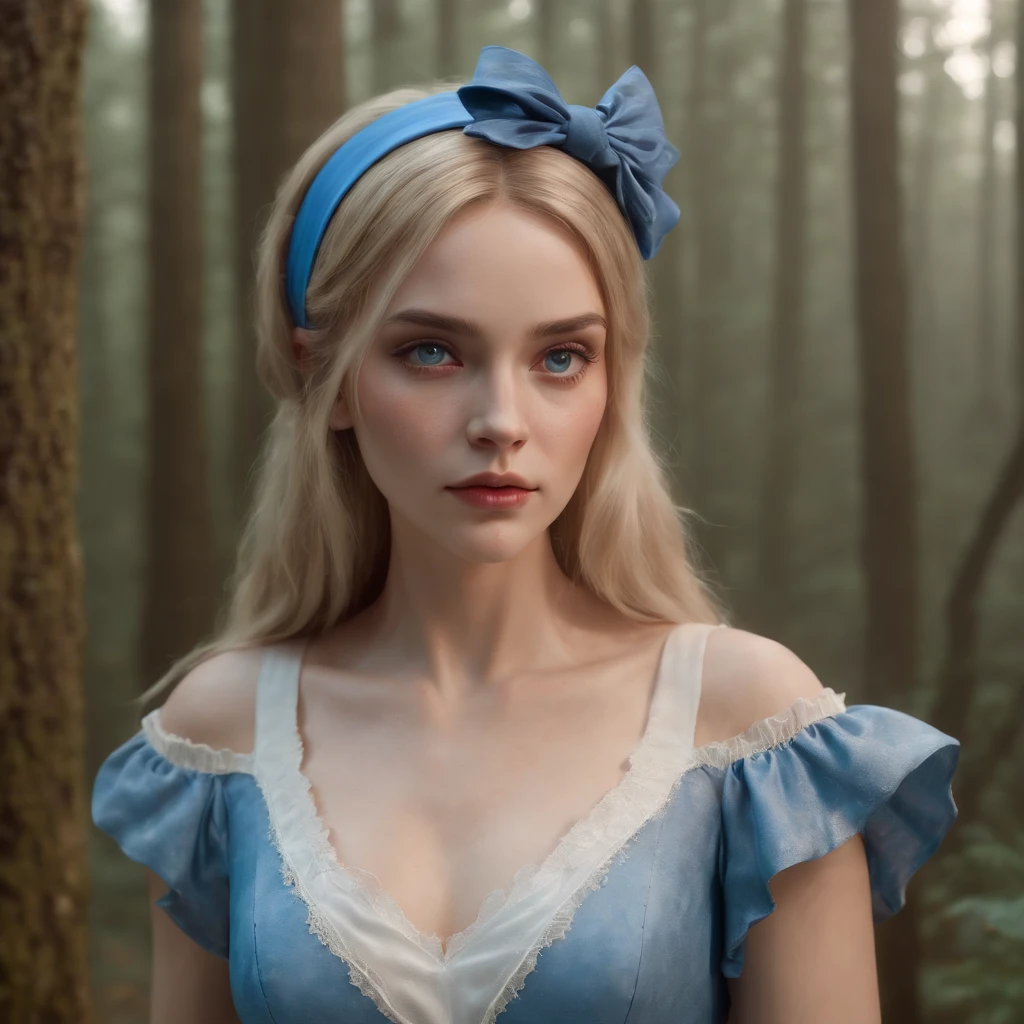 (professional 3d render:1.3) af (Realistic:1.3) most beautiful artwork photo in the world，Features soft and shiny female, ((Epic fantasy Alice in Wonderland, strong powerful female look,  long blonde hair, piercing eyes and determined expression in dynamic pose, Fantastic location, Majestic dark spooky forest)), full body 8k unity render, action  shot, skin pore, very dark lighting, heavy shading, Detailed, Detailed face, (vibrant, photograph realistic, Realistic, Dramatic, Dark, Sharp focus, 8K), (Blue dress in style of Alice slightly damaged and worn:1.4), ((((blue headband)))), (Intricate:1.4), decadent, (Highly detailed:1.4), Digital painting, rendering by octane, art  stations, concept-art, smooth, Sharp focus, illustration, Art germ, (loish:0.23), wlop ilya kuvshinov, and greg rutkowski and alphonse mucha gracias and Tim Burton, (Global illumination, Studio light, volumettic light), heavy rain, particles floating, lotr, fantasy, elf, full bodyesbian, ((Dark and spooky forest background:1.3)),CGSesociety, art  stations, acne face, face with acne