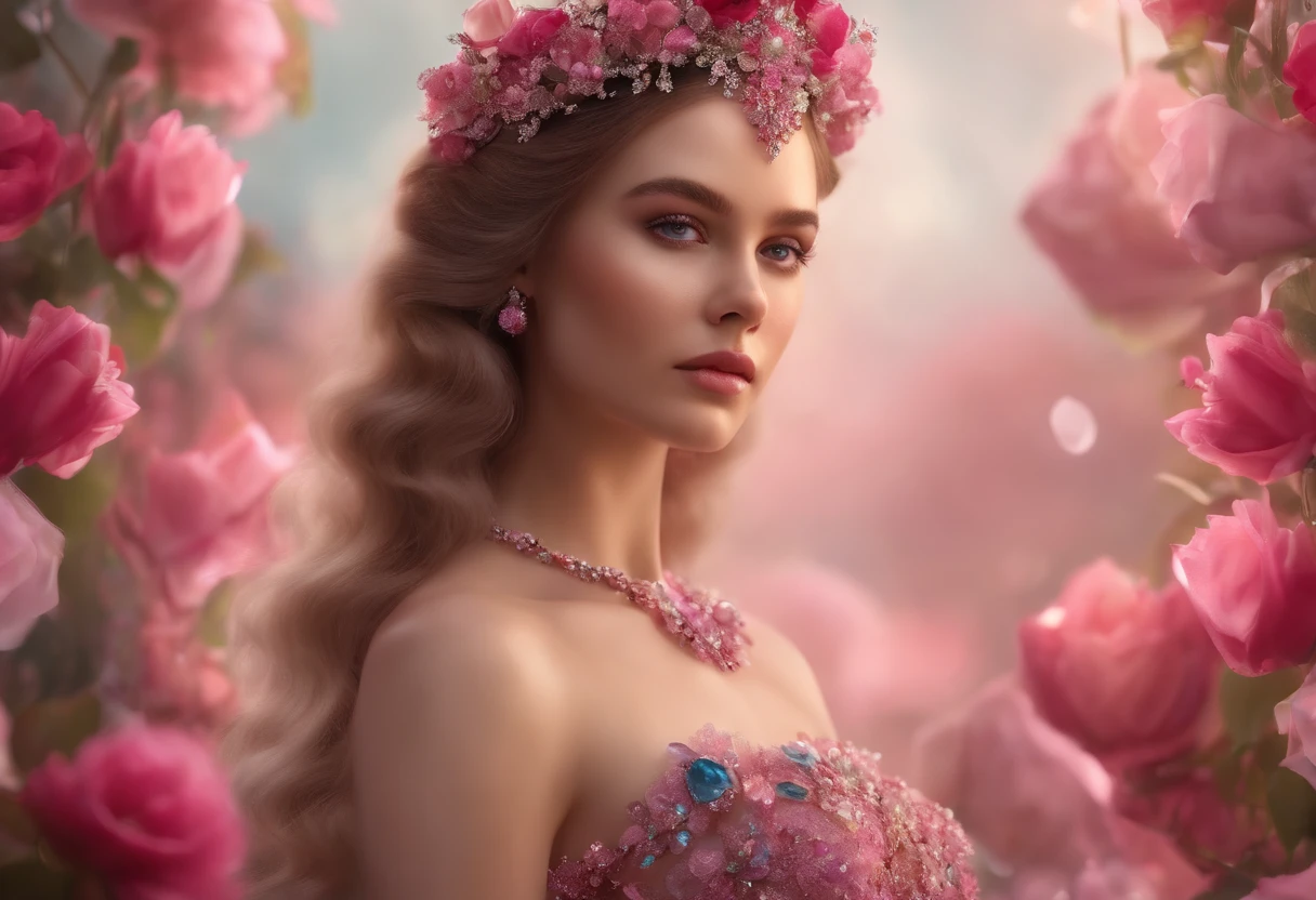 Hyperrealistic 3D. A girl, fantasy gown. Close-up portrait. She is surrounded by rosy-coloured gemstones. Flowers. --ar 4:7 --style raw --v 5.2