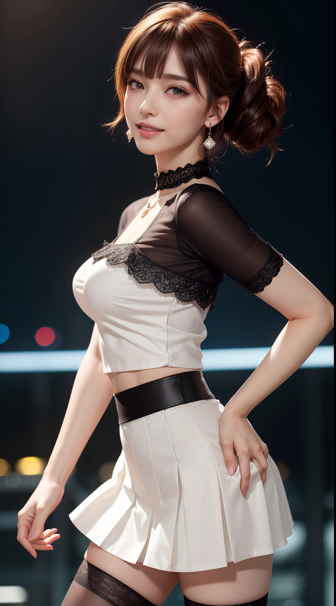 8k, masterpiece, original photo, best quality, lifelike, Extremely detailed CG unified 8k wallpaper, depth of field, Light, 镜头Light晕, Light线追踪, (extremely beautiful face, beautiful lips, beautiful eyes), Intricately detailed face, ((Super fine skin)) 1 girl, in the dark, deep shadow, beautiful asian girl, Idol, 1 girl, (very slim slender fit-muscled body:1.3), ((looking at the audience)),(bright smile:1.3), (Tight lace-up shirt), ((Hot pink shirt)), (short sleeves) , (city night, dark, neon lights), (blurred background), 昏暗的灯Light, city View, roof, beautiful earrings, bracelet, necklace, pantyhose, clear eyes, (pale skin), (big eyes), face forward, ((upper body shot)), (silk red skirt ),(brown hair),((Tight lace-up skirt )), (see through), (looking at the audience:1.3), open breast, (very slim), huge breasts, Show breasts,exposing her chest,(see through),((lace lace)), (camel toe), (see through jacket), ponytail, short hair,huge boobs,huge boobs,huge ,