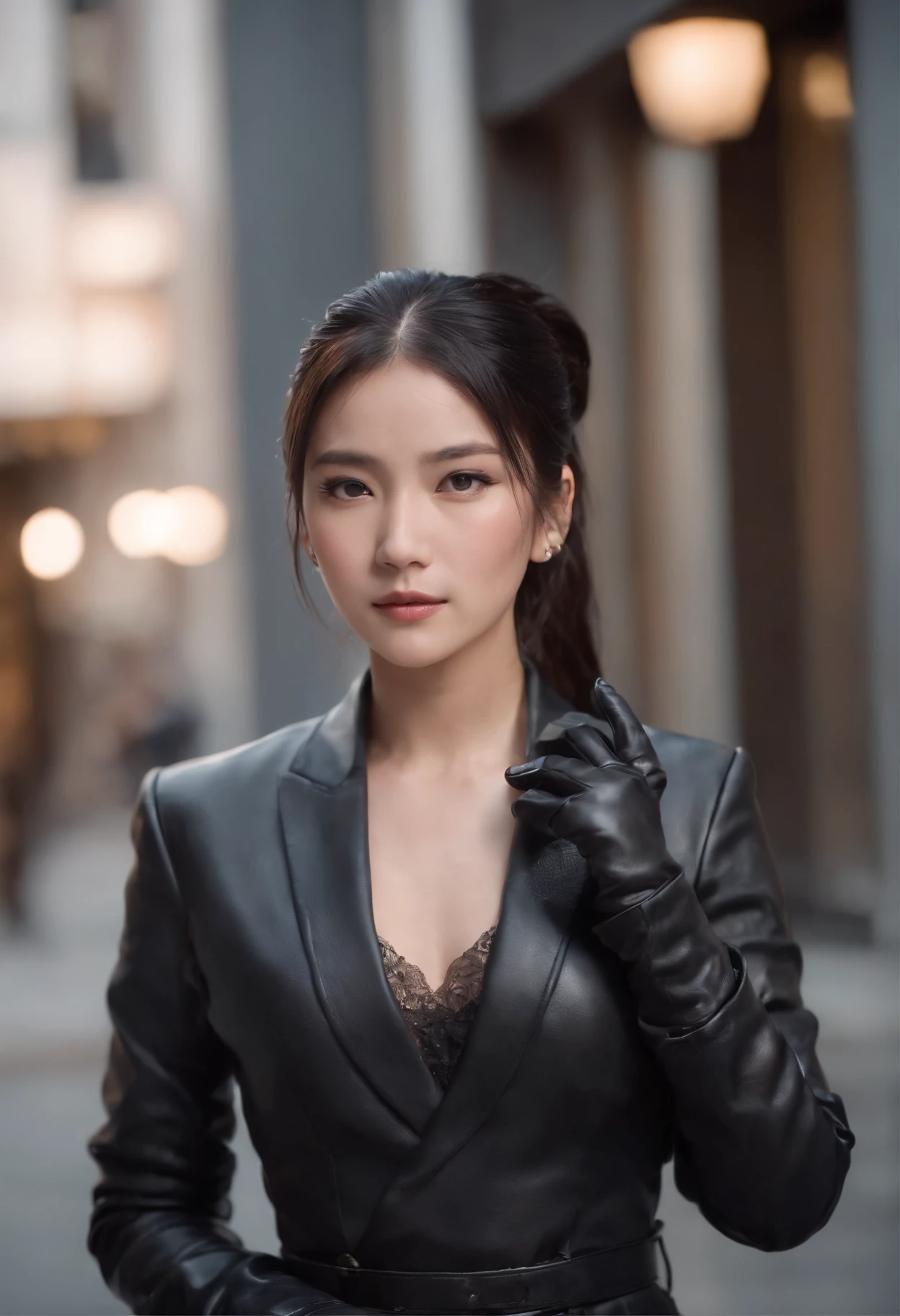Black leather gloves, black suit, black hair, ponytail, Japanese girl, necklace, upper body