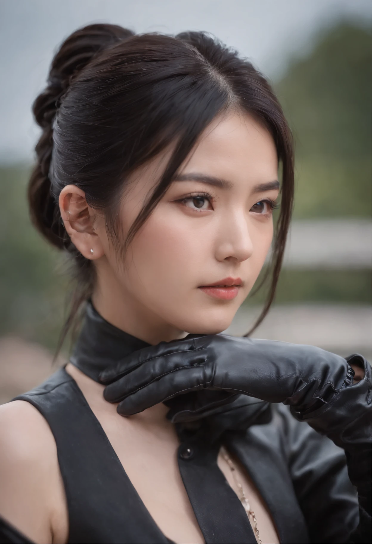Black leather gloves, black suit, black hair, ponytail, Japanese girl, necklace, upper body