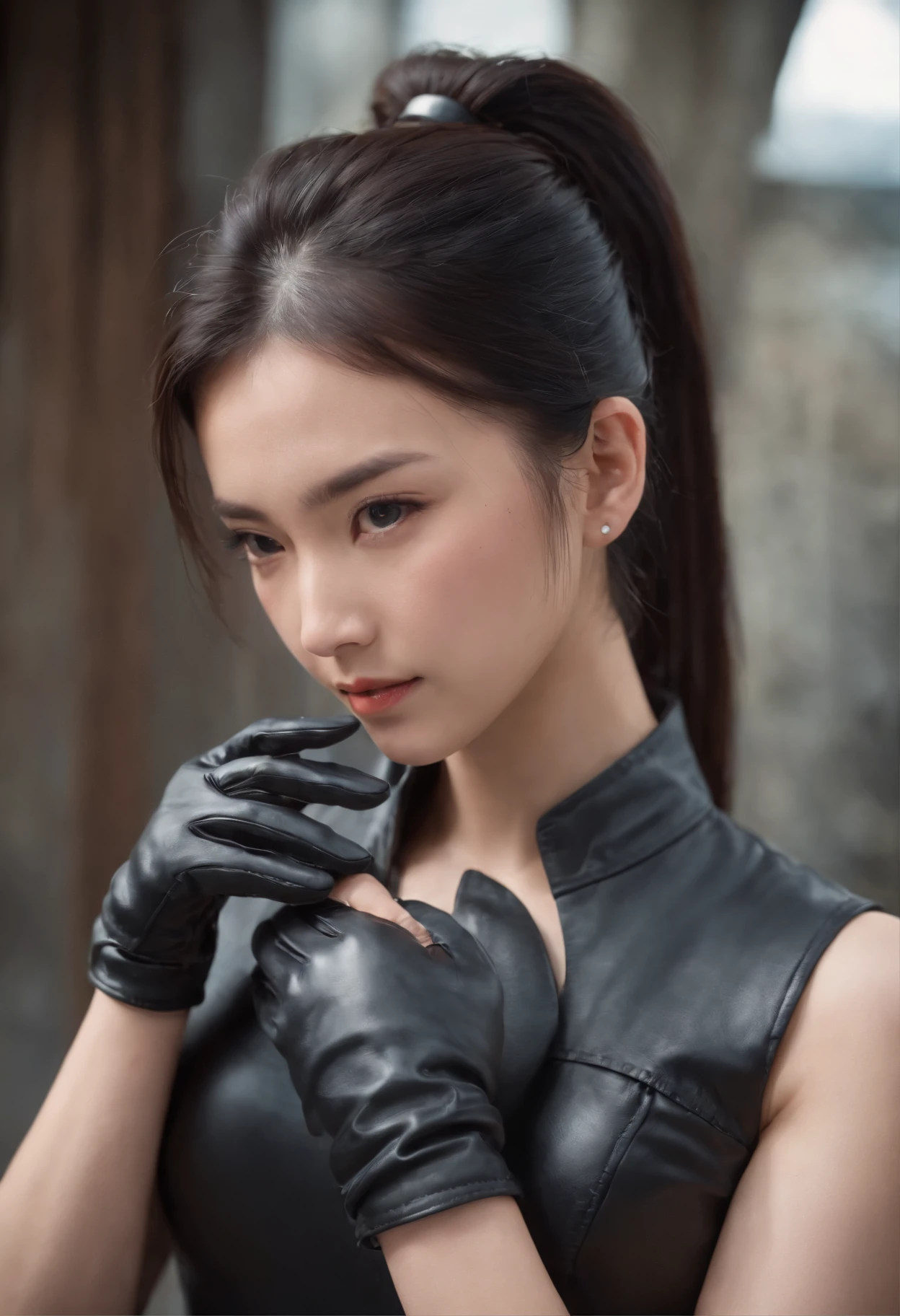 Black leather gloves, black suit, black hair, ponytail, Japanese girl, necklace, upper body