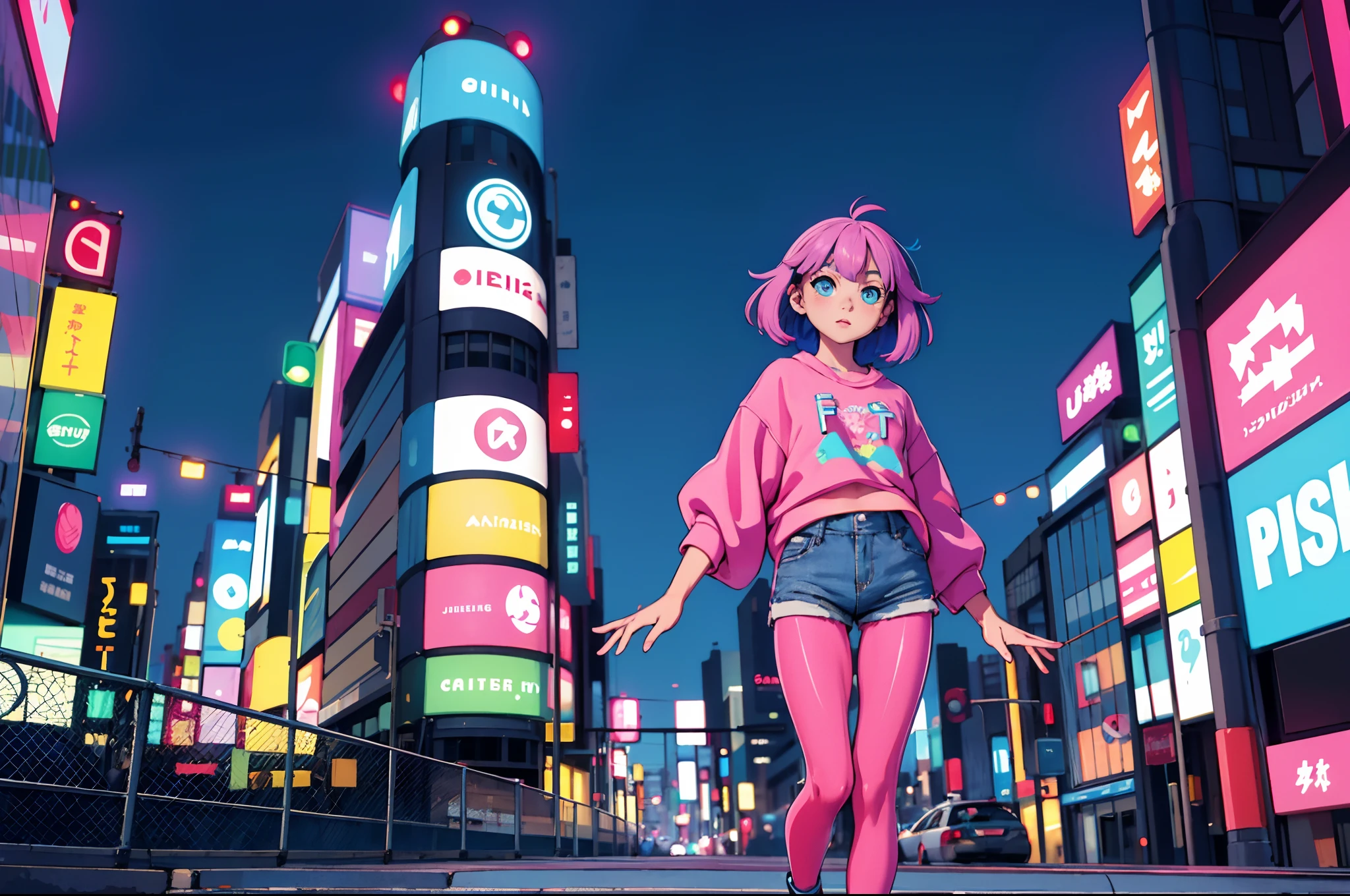 masterpiece, best quality, 1girl, lofi girl wearing casual clothing, colored hair, pretty eyes, colorful futuristic city, highly detailed, colorfull, shorts, open sweatshirt, color leggins, Japanese city background, neon city