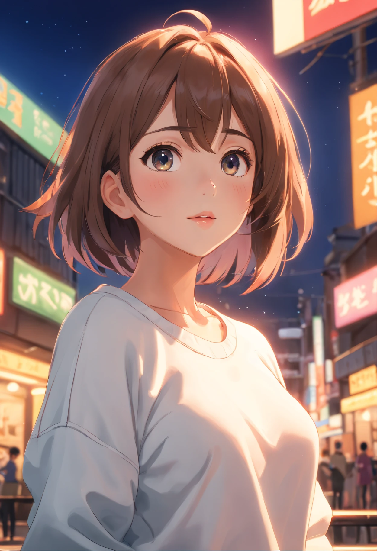 ((of the highest quality, 8K,Raw photo)), (Realistic, Photorealistic: 1.37), (Face Focus: 1.1), gigantic breast, Short hair, A sexy Japanese Lady、20yr old、Japan idol system、(sexy white sweatshirt: 1.1)、sexy Skirt, Sitting, Arms up, From below, Sunlight, Movie Lighting,