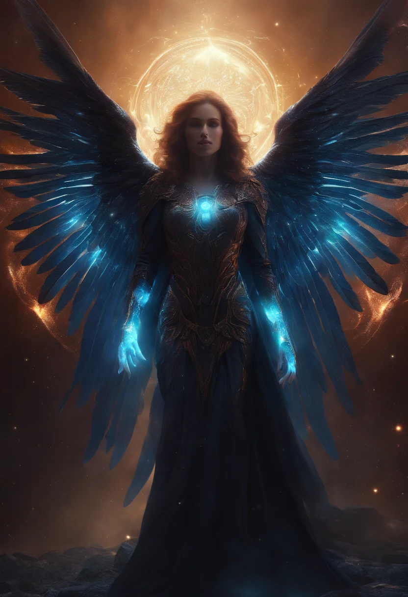 Cosmic Fallen Angel, glowing light eyes, Biomechanical, eerie, Creepy, nightmarish, Very bright colors, Light particles, with light glowing, Mshiff, wallpaper art, UHD wallpaper