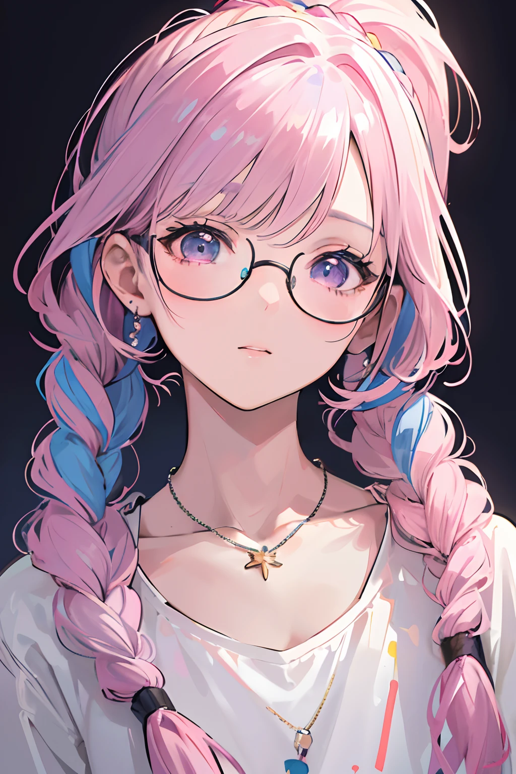 (best quality:1.2,ultra-detailed,realistic:1.37),portraits,colorful,soft lighting,light purple-pink color bangs,body petite and soft,ponytail,braided,small black round glasses,thick frame,red rope necklace,light yellow and blue children's clothes