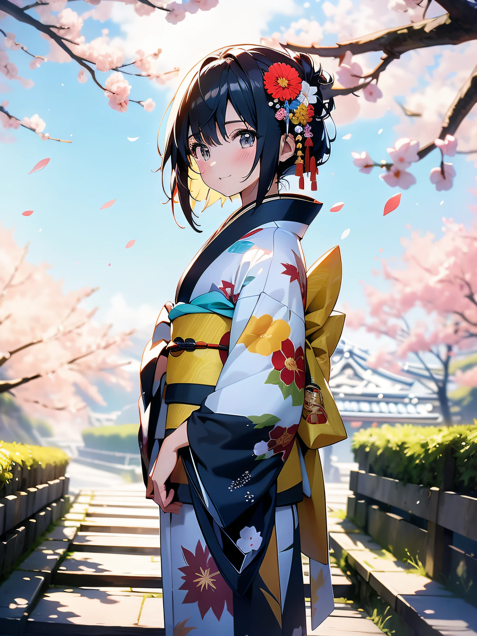 in 8K、top-quality、masterpiece、ultra-detailliert、Ultra-high resolution、Anime style、1人の女性、kimono、Colored leaves、strong breeze