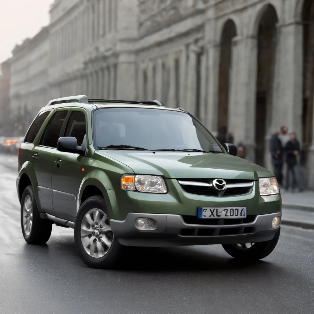 illustartion: Vehicle layout1.1; Model Mazda Tribute 2003, Gray-green color; Realistic photo:1.37; "Detailed photo"; beste-Qualit,4k,8K,hight resolution,Masterpiece:1.2,Ultra-detailed, Detailed bumper, raindrops on the windshield, Vivid colors, studio lightning.