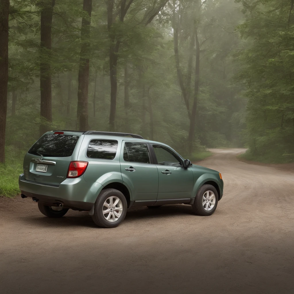 illustartion: Vehicle layout1.1; Model Mazda Tribute 2003, Gray-green color; Realistic photo:1.37; "Detailed photo"; beste-Qualit,4k,8K,hight resolution,Masterpiece:1.2,Ultra-detailed, Detailed bumper, raindrops on the windshield, Vivid colors, studio lightning.