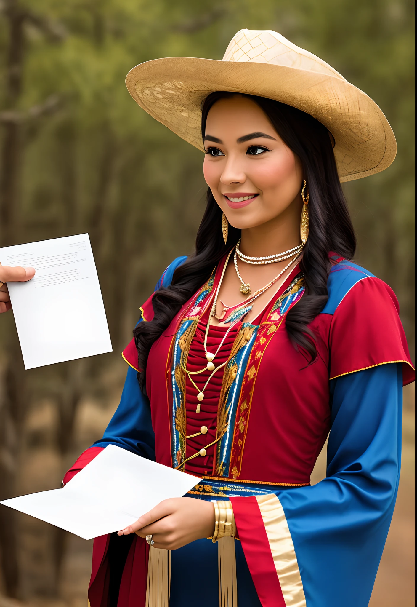 Create an image depicting a beautiful women of old West Native American in summer hot dress receiving a letter from her future husband, showcasing the anticipation and romance of mail-order brides