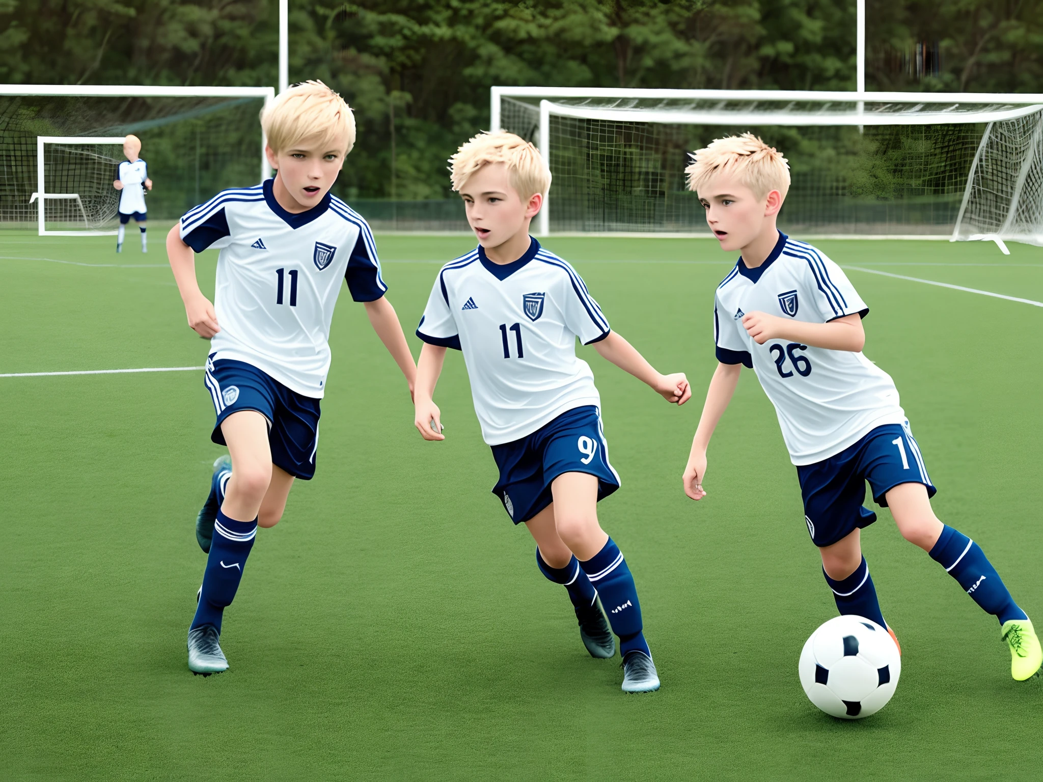 Two boys, Blond, play ball, on a soccer field