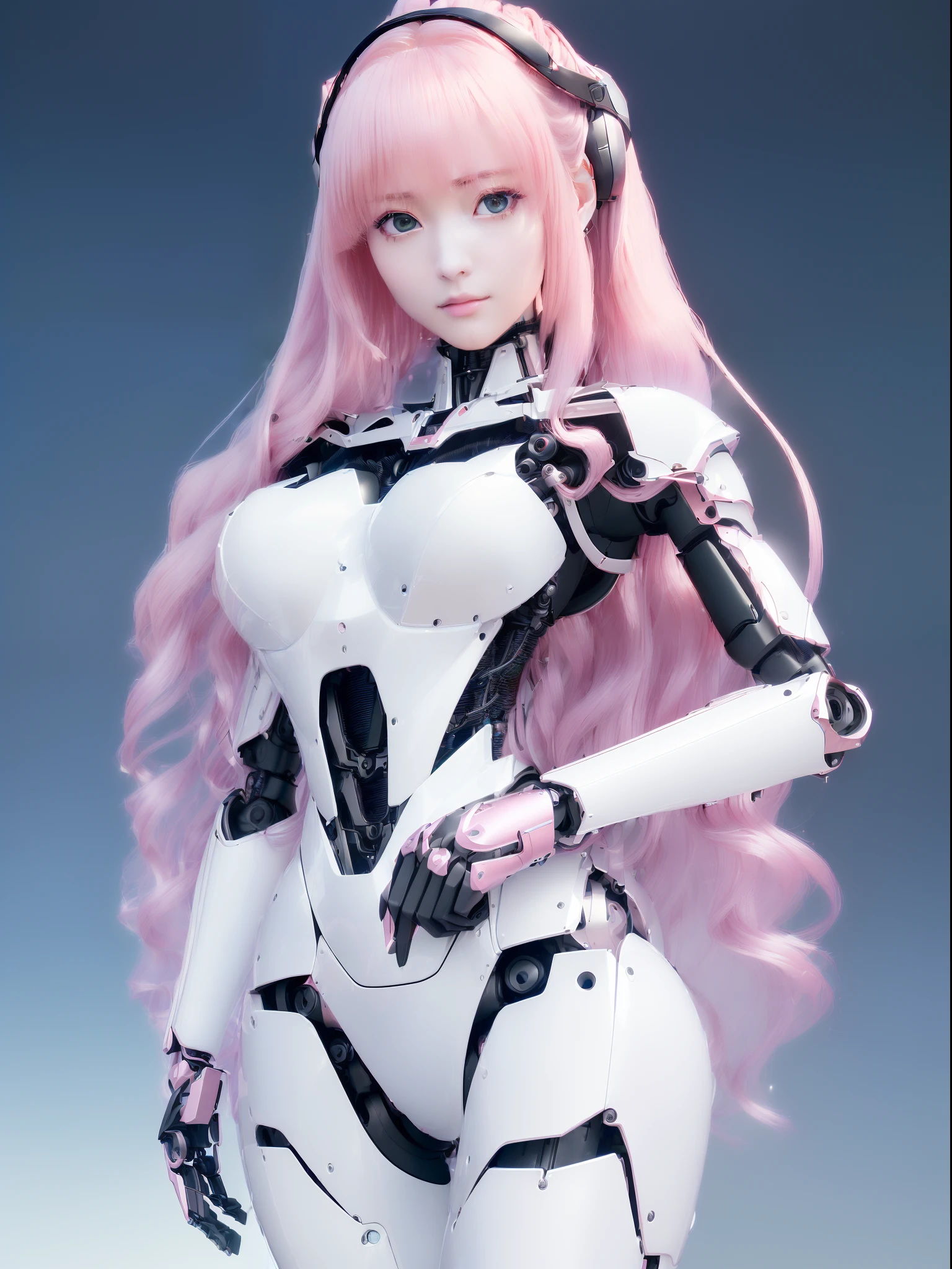 ((masutepiece)), ((top-quality), high quarity、ultra-definition, Realistic,  fulcolor 、One beautiful robot woman、Joints of machines、Frame of the machine、Thick wire joints、White porcelain armor、(Curvaceous face)、Round exhaust on the back、deadpan、Pink Long Hair、Wide Shot、facing back