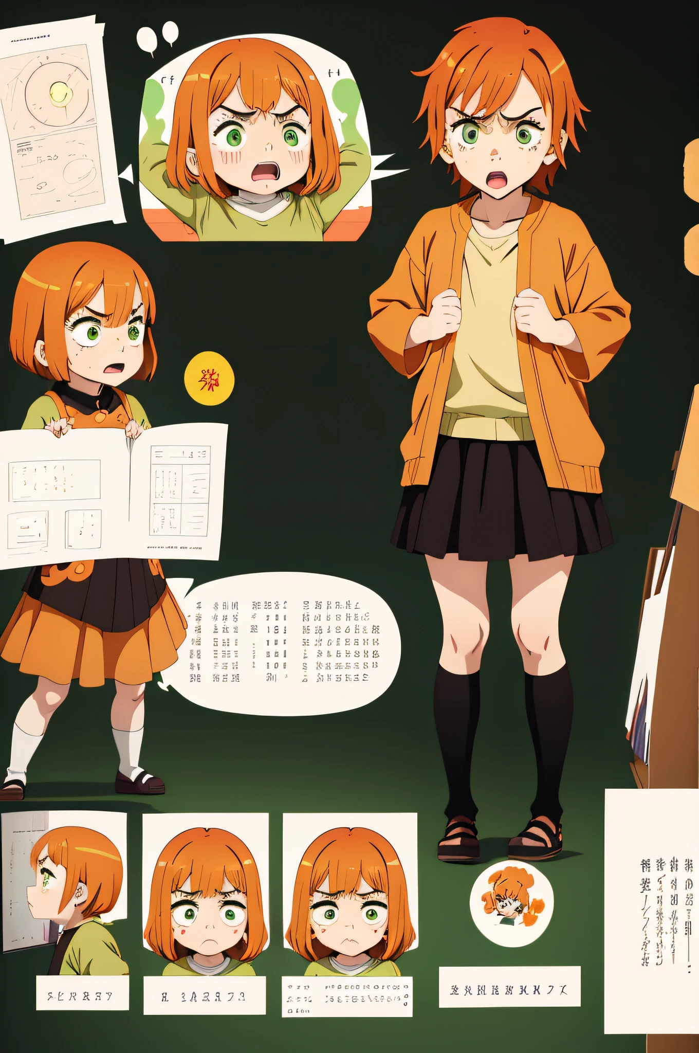 girl, kid,e, really upset, with short dark orange hair, green eyes, young age, charac sheet, different poses, upset, unhappy, furious, screaming, full body, yelling