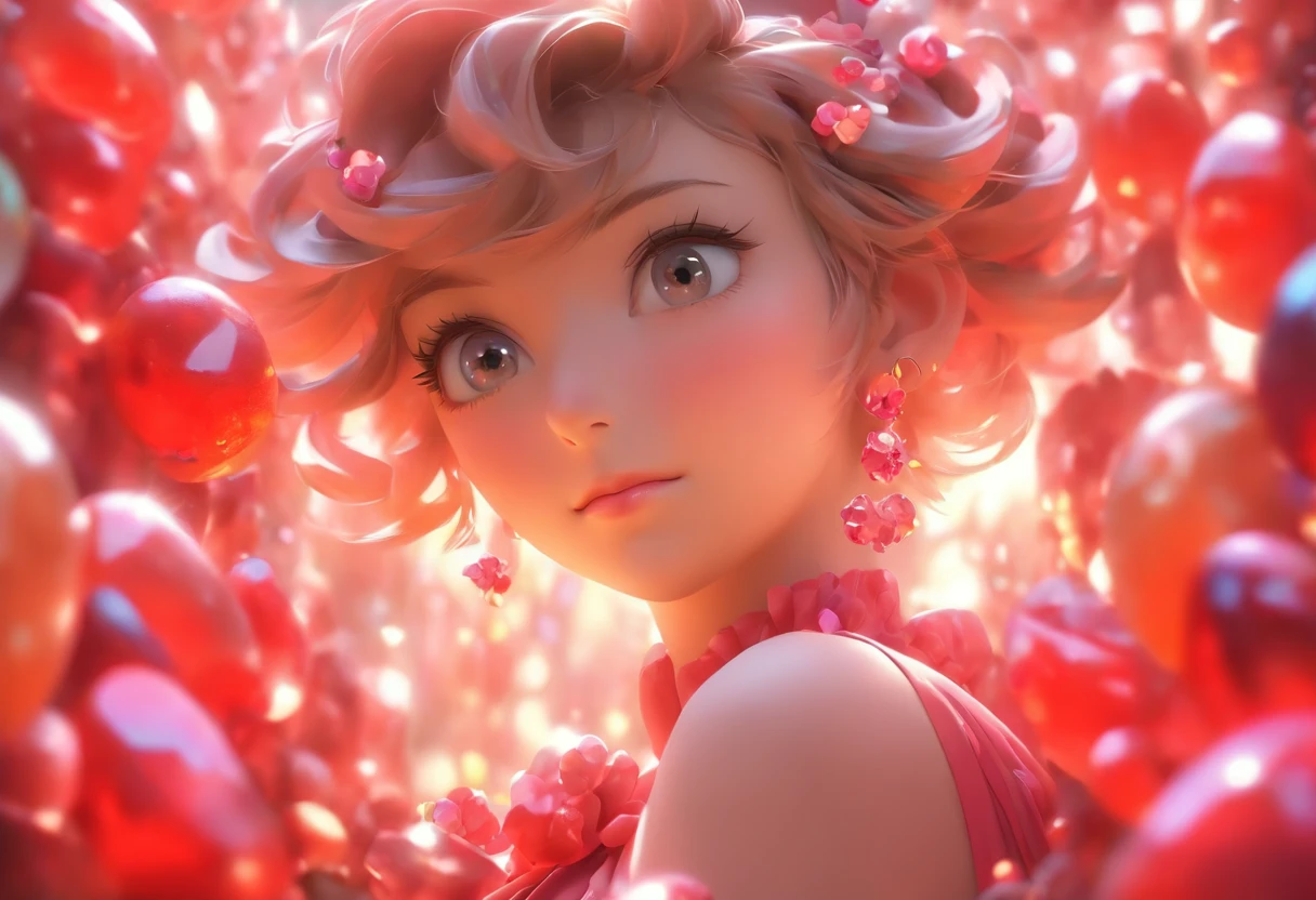 Hyperrealistic 3D. A girl, fantasy gown. Close-up portrait. She is surrounded by rosy-coloured gemstones. Flowers.