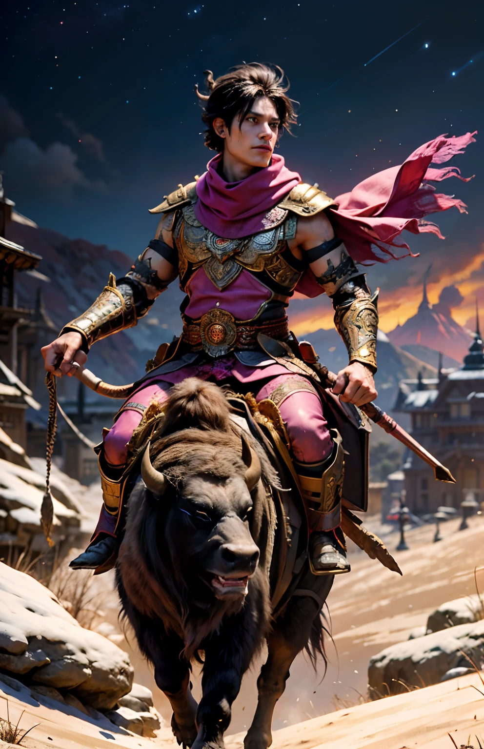 (1male) , Young Man of the God of Mars, Sitting on the back of a buffalo bison........., Looks interesting...............((Buffalo Bison...)).,,against the backdrop of smoke and orange sky.......... (Updo Dark Pink:1.2),(Medium Full Shot) Wearing full body armor...................,slight smile, (Pink inner leather jacket)(Pink Armor 1.1) And a pink robe................,(Pink long scarf) (capes:1.2) Royal style family (embroidery:0.5) (Medium length hairstyles, Dark Brown)., skinny (Gorket Luckcart Poldron :1.3), (Cow symbol on armor), (masterpiece:1.2) (illustration:1.1) (bestquality:1.2) (Detailed) (intricate) (10) (HDR) (wallpaper) (Cinematic lighting) (crisp focus), Linewichit Style