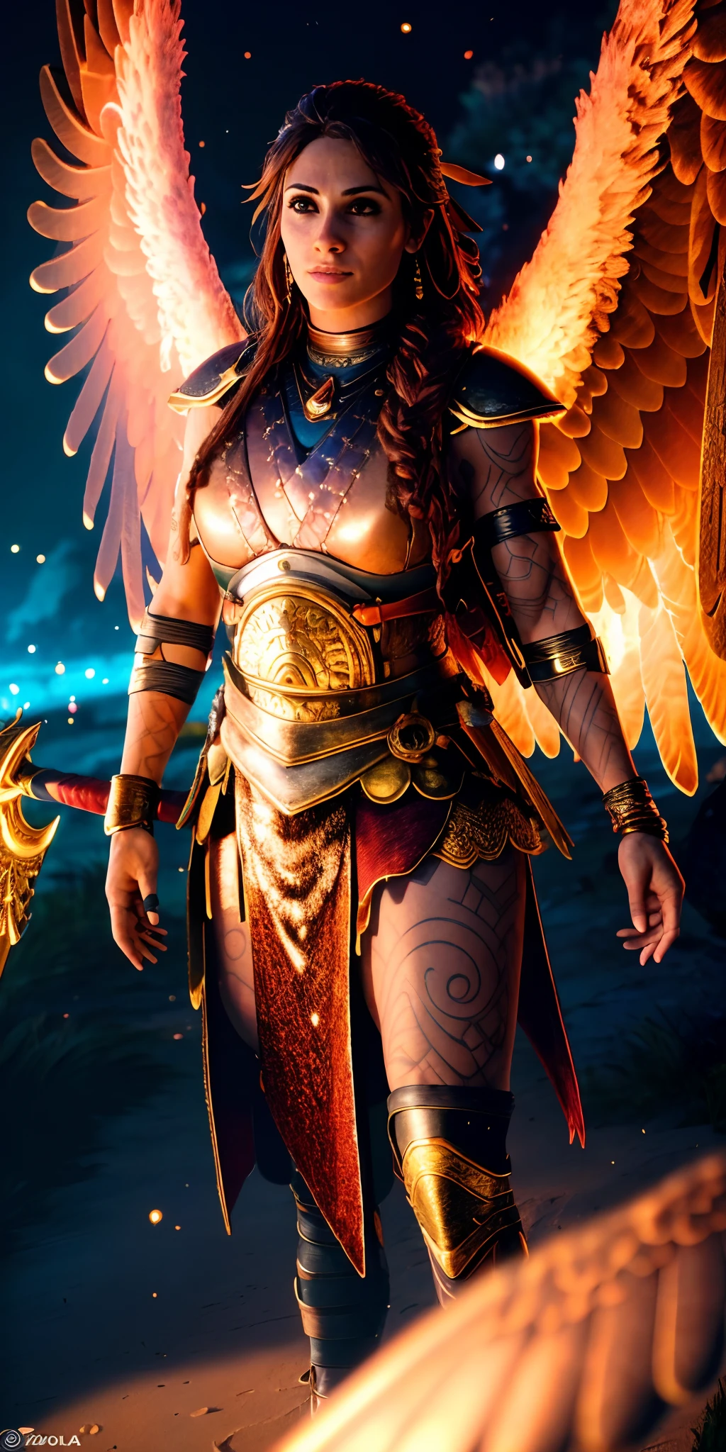 Freya, Tattoos on the arm, retrato, Serious expression, clivagem, large valkyrie wings, pena, epics, irritado, menacingly, Premiado, no campo de batalha (8k, Foto RAW, best quality, master part:1.2),ultra-detalhado, (pele altamente detalhada:1.2), 8k UHD, DSLR, soft lighting, alta qualidade,