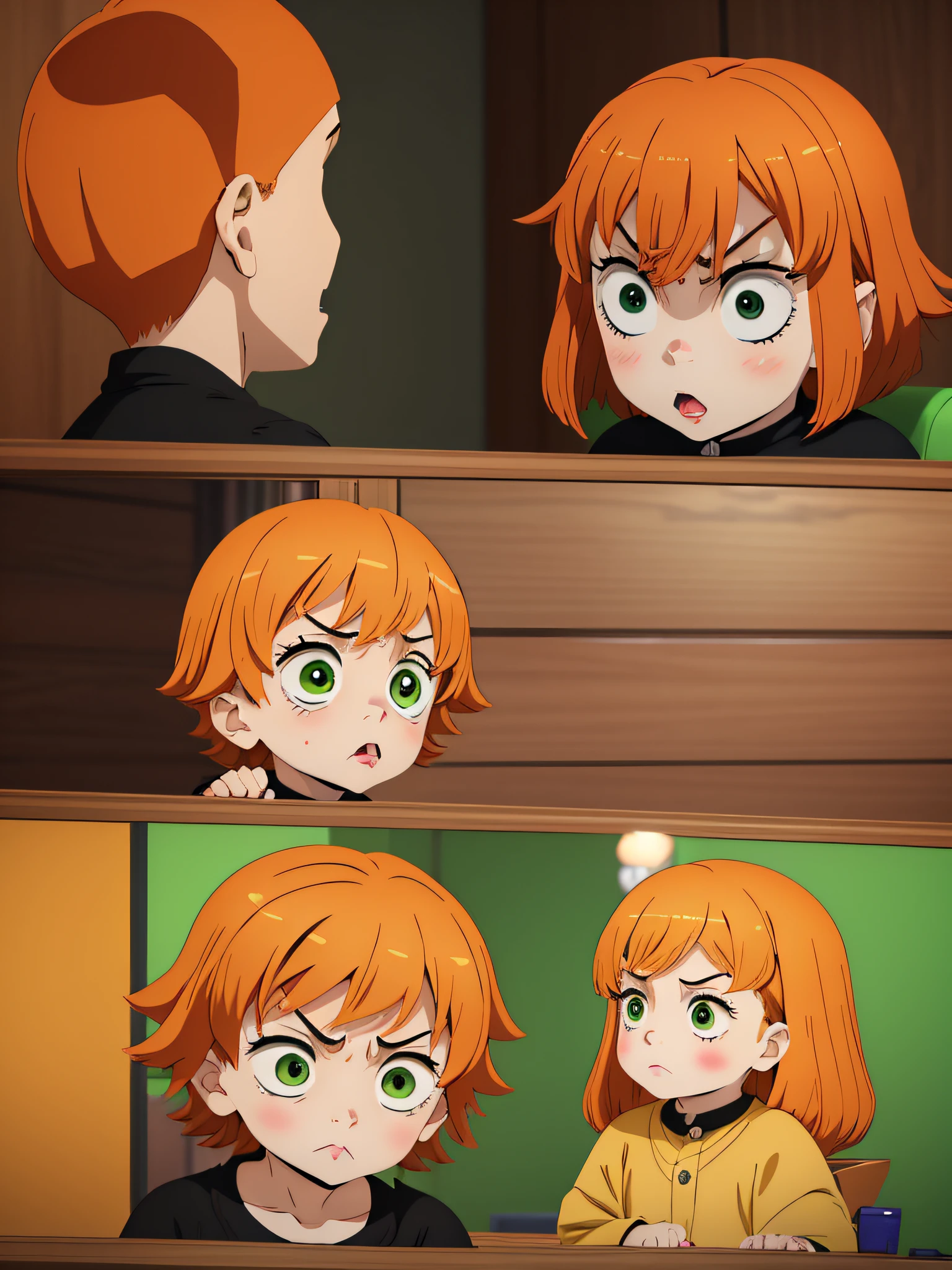 , anime, really furious, with short dark orange hair, green eyes, young age, character st, different poses, game props, furious, angry, showing tongue