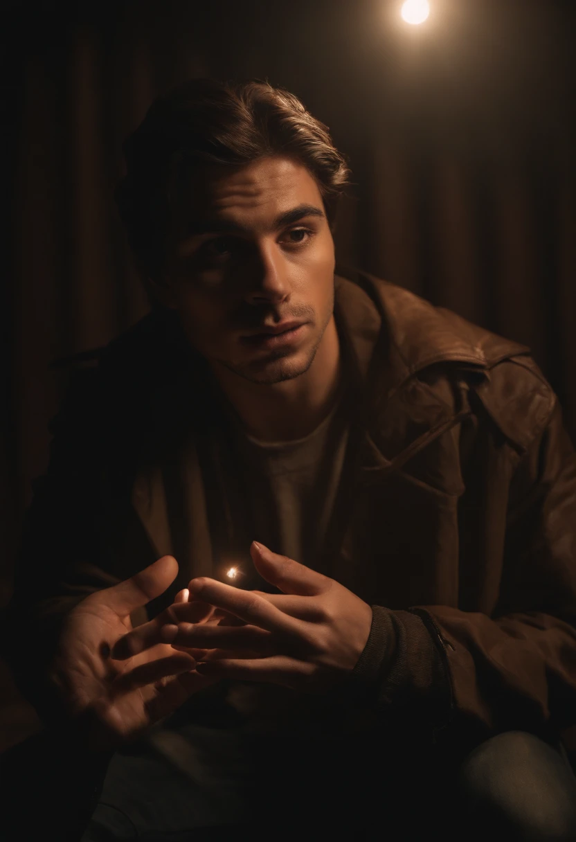 4k, Genera una escena aterradora en la que un hombre de aspecto similar a Chuty, The Spanish rapper, realiza un truco de magia en medio de una oscuridad intensa. The only source of light is a faint glow that illuminates your face., revealing details of her brown hair and mysterious expression. The atmosphere must be charged with tension as the rapper executes a shocking magic trick, con detalles asombrosos y un ambiente que evoca horror.