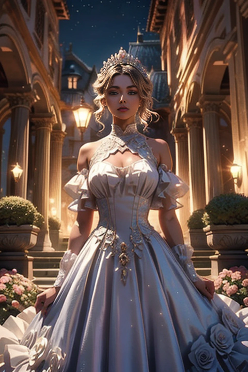 masterpiece, best quality, 1girl, (colorful),(finely detailed beautiful eyes and detailed face),cinematic lighting, bust shot, extremely detailed CG unity 8k wallpaper, white hair, solo, smile, intricate skirt,((flying petal)),(Flowery meadow) sky, cloudy sky, building, moonlight, moon, night, (dark theme:1.3), light, fantasy,