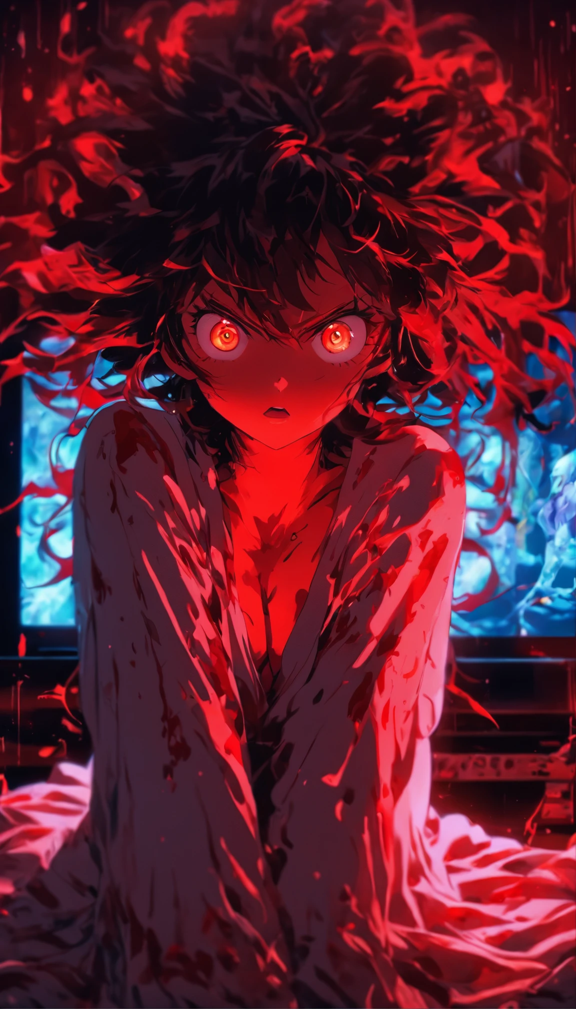 Blood red room, Flashing white TV screen, 1girll, cabelos preto e longos, with hair dishevelled, Cover one eye and face, Bright red eyes, Wearing a white transparent robe, Looming full breasts, Half of the body is stuck on the TV screen, reaching out her hands,Straighten your body, Red nails are exposed, Pinch the camera, hyper HD, Anatomically correct, Textured skin, Super detail, High details, High quality, A high resolution, 8K, hyper HD, Anatomically correct, Textured skin, Super detail, High details, High quality, Best quality, 8K,Leishnampo,Room 2,Horror