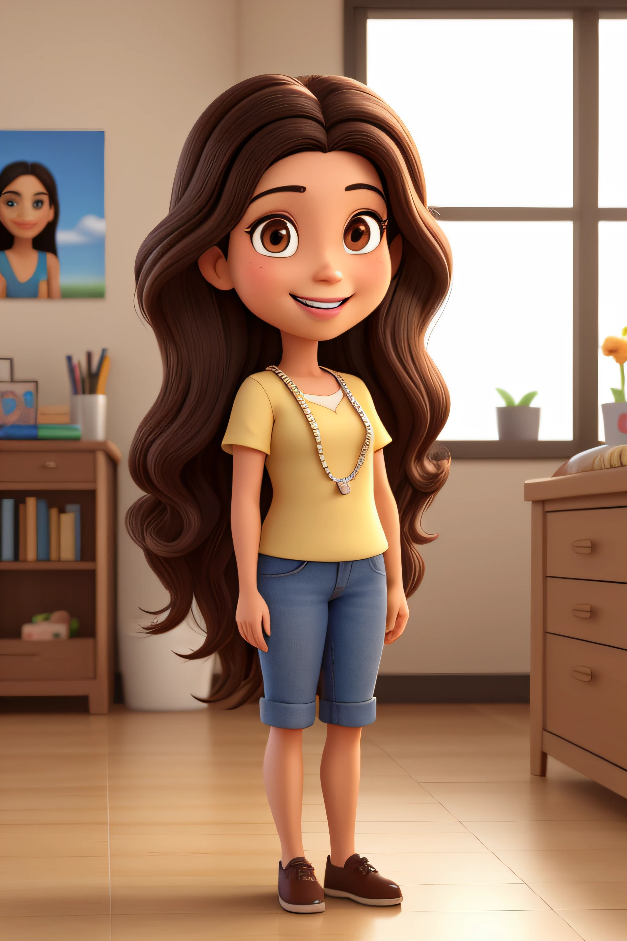 a mother in her 30s with long dark hair and brown eyes, lindo sorriso, youthful appearance, usando um grampo de cabelo, acenando para o expectador. 3d cartoon with precise proportions. Studio Estio Pixar