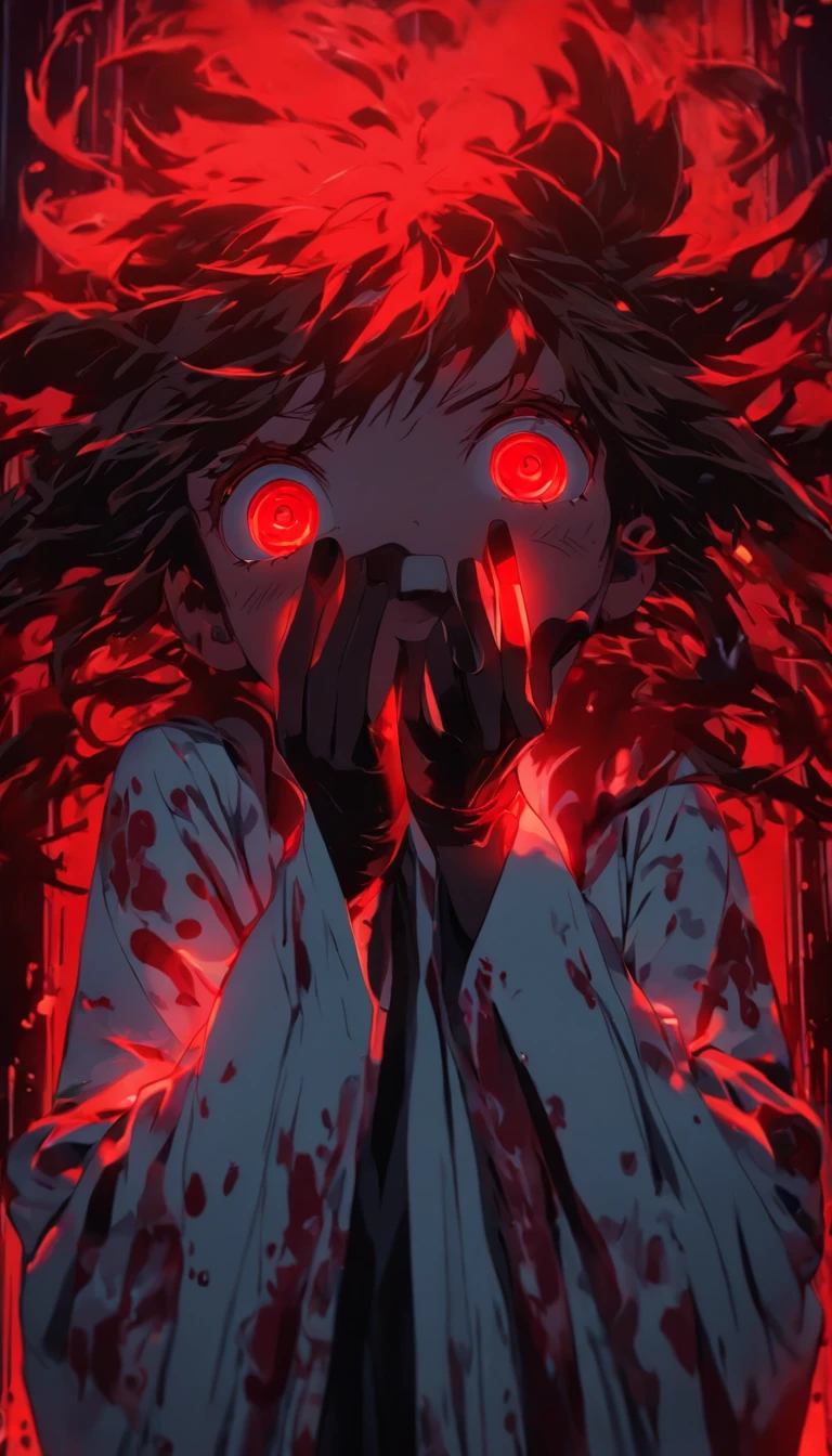 Blood red room, Flashing white TV screen, 1girll, cabelos preto e longos, with hair dishevelled, Cover one eye and face, Bright red eyes, Wearing a white transparent robe, Looming full breasts, Half of the body is stuck on the TV screen, reaching out her hands，Straighten your body, Red nails are exposed, Pinch the camera, hyper HD, Anatomically correct, Textured skin, Super detail, High details, High quality, A high resolution, 8K, hyper HD, Anatomically correct, Textured skin, Super detail, High details, High quality, Best quality, 8K,Leishnampo,Room 2,Horror