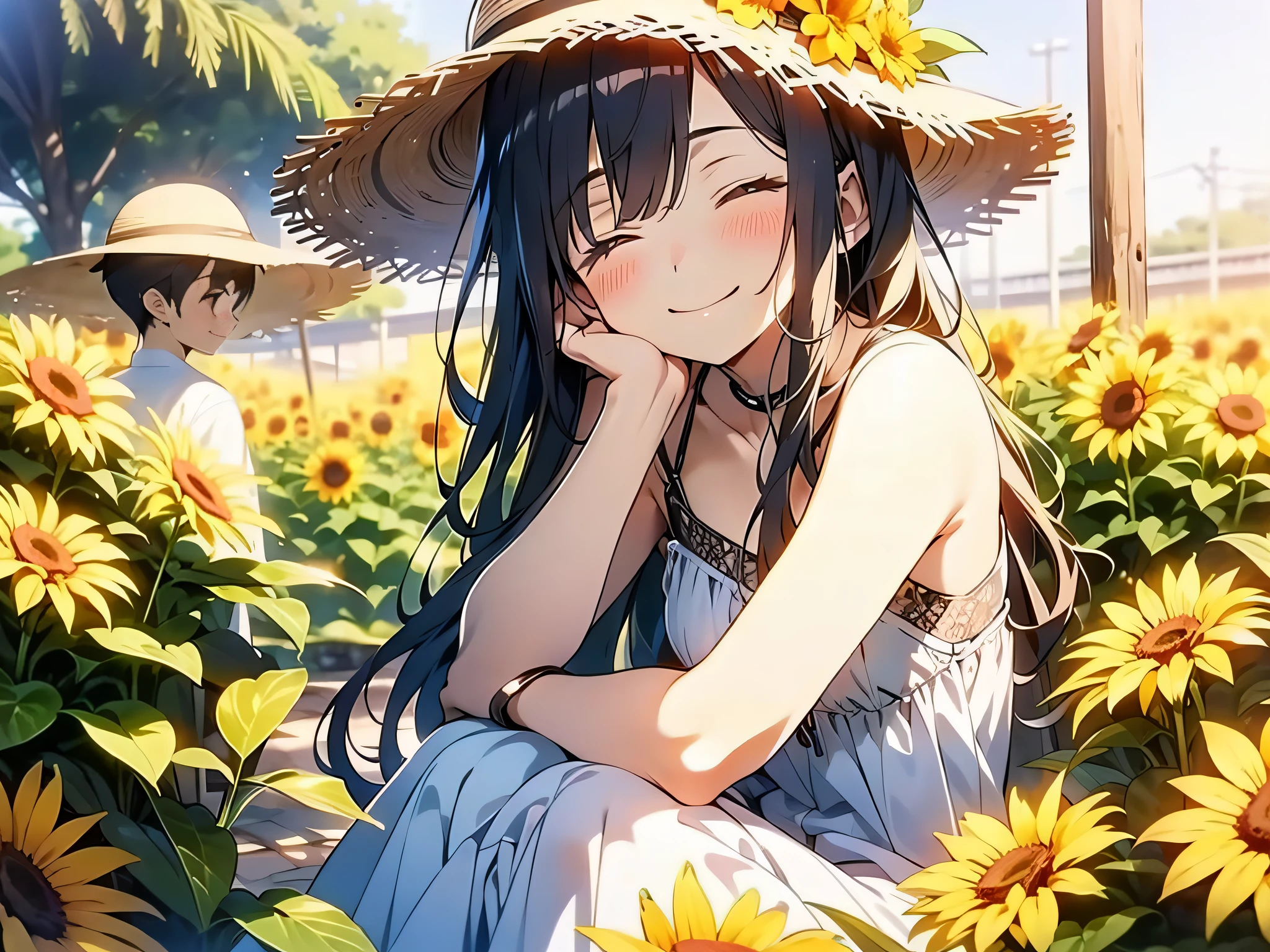 in 8K、top-quality、masterpiece、ultra-detailliert、Ultra-high resolution、Anime style、1人の女性、Mid summer、a straw fedora hat、A smile、Sun flower、Soto、siesta