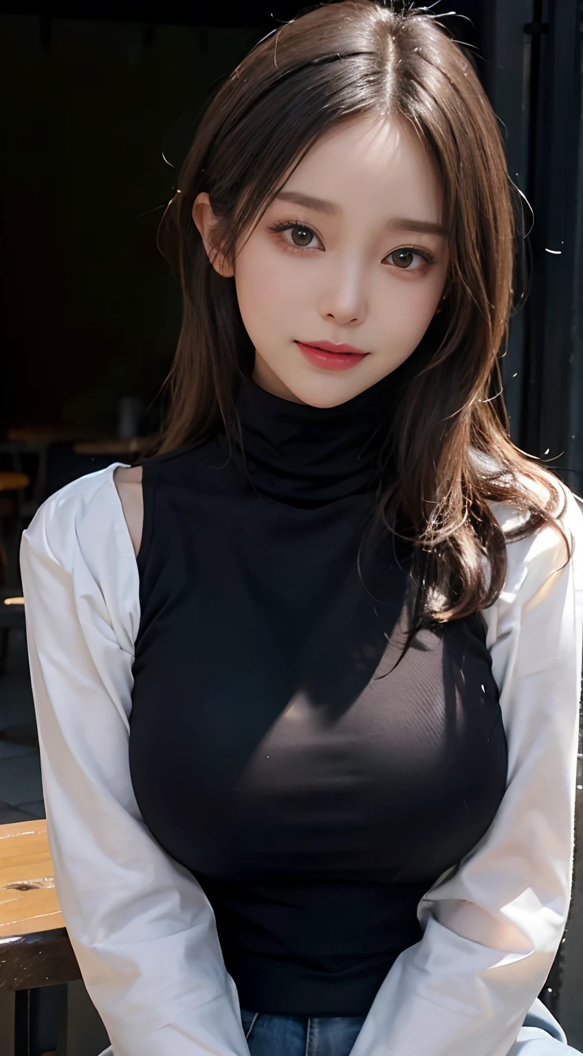 adult plump woman,dark brown hair,28 years old,make up,(fair skin,thick arms:1.2),close up,at train,turtleneck gray shirt,