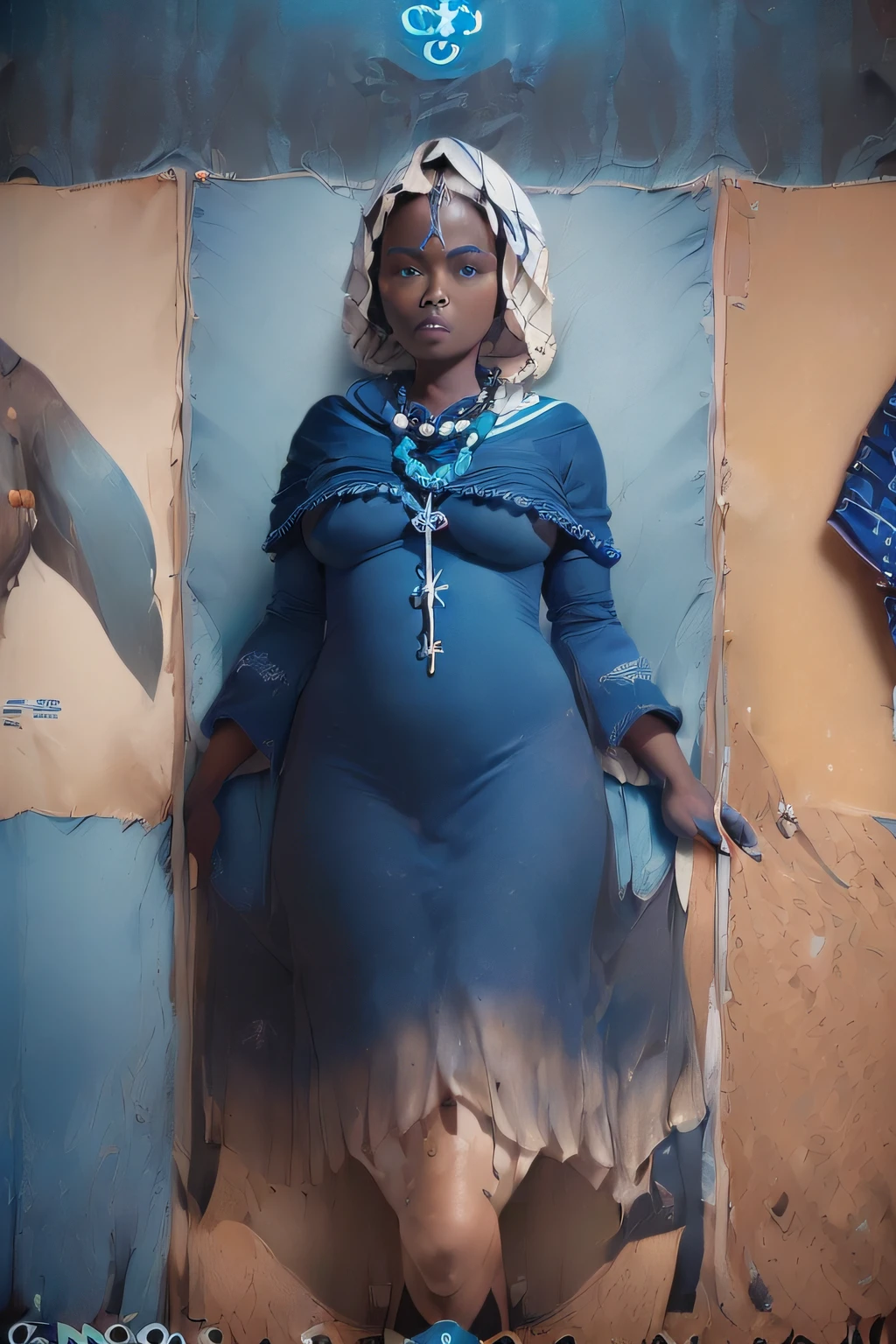 (((a single black woman))), (((melhor qualidade))), (((mulher))), (((o corpo todo coberto com roupas com tons de azul ))), (((negra)), ((( Nigerian Middle Ages))), Olhe para cima de seus joelhos, vestidos longo azuis cobrindo todo o corpo, roupas cumpridas cobrindo todo o corpo, costumes of African traditions and cults, ((((out of the water of the beach ))), lady's expression, rosto liso, ((((com olhar penetrante))) ((((((For high-resolution posters, cabelos negros)))) (((trajes azul cobrindo todo corpo), Cheio de pontas e rebites, uma coroa trabalhada no couro e conchas do mar, Straw on the head, Strands of blue bead beads. (((Blue necklaces on neck , (((((trajando roupas azul)))). (((out of the sea))))), o rosto de uma negra de pele preta, de corpo inteiro, the rest with middle-aged expressions. pele sourada, Melhor qualidade de imagem. NA PRAIA. O corpo de uma senhora.