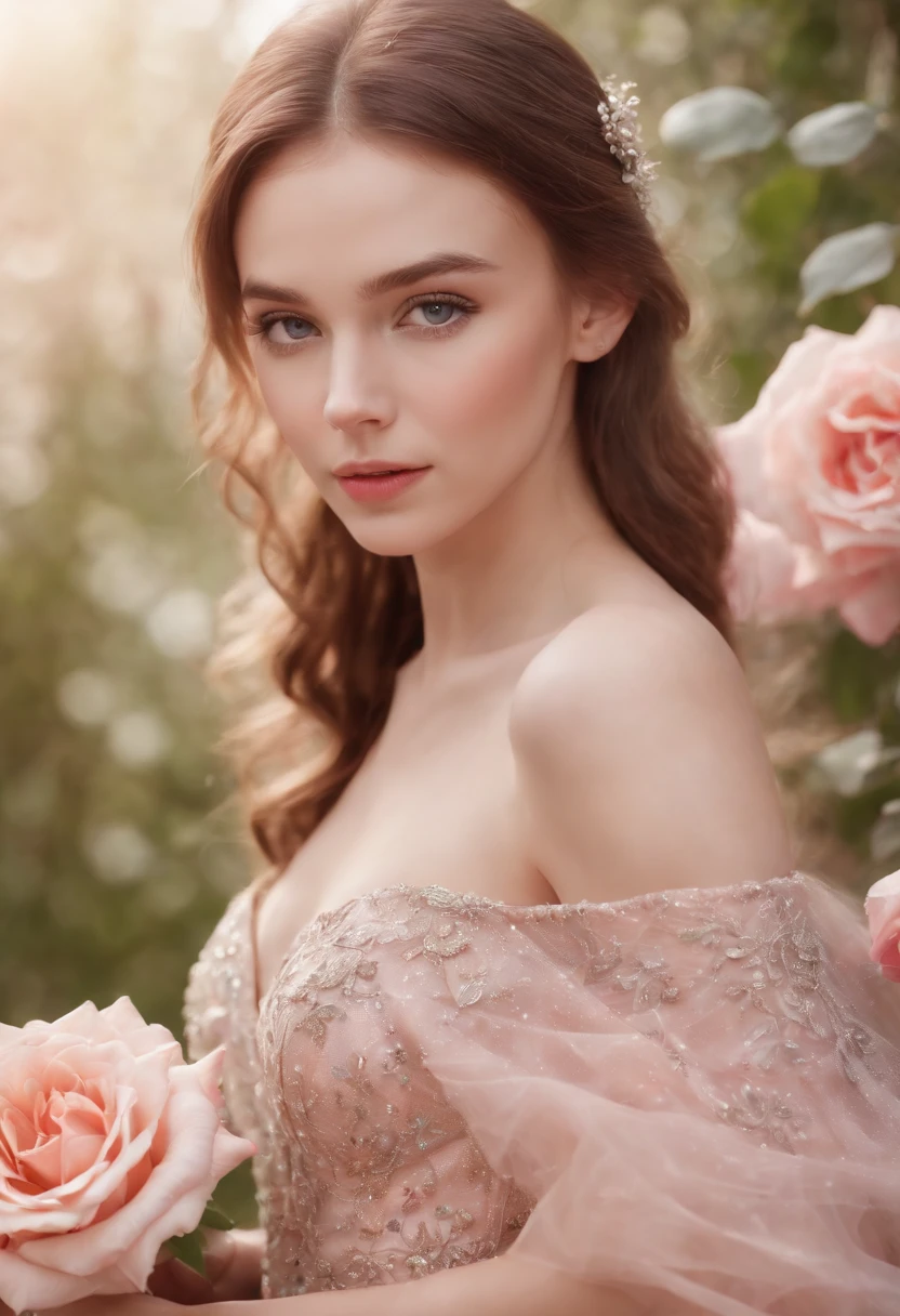 3d ultrarealistic. A girl, Dream dress. Close-up portrait. She is surrounded by rose-colored gemstones. Flowers.