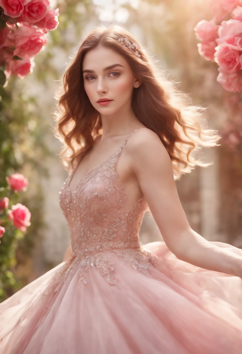 A woman wearing a wedding dress in a light red and pink style with a nature-inspired pattern, close-up, tulle fabric, Iberê Camargo, beautiful, made of butterflies, medium shot