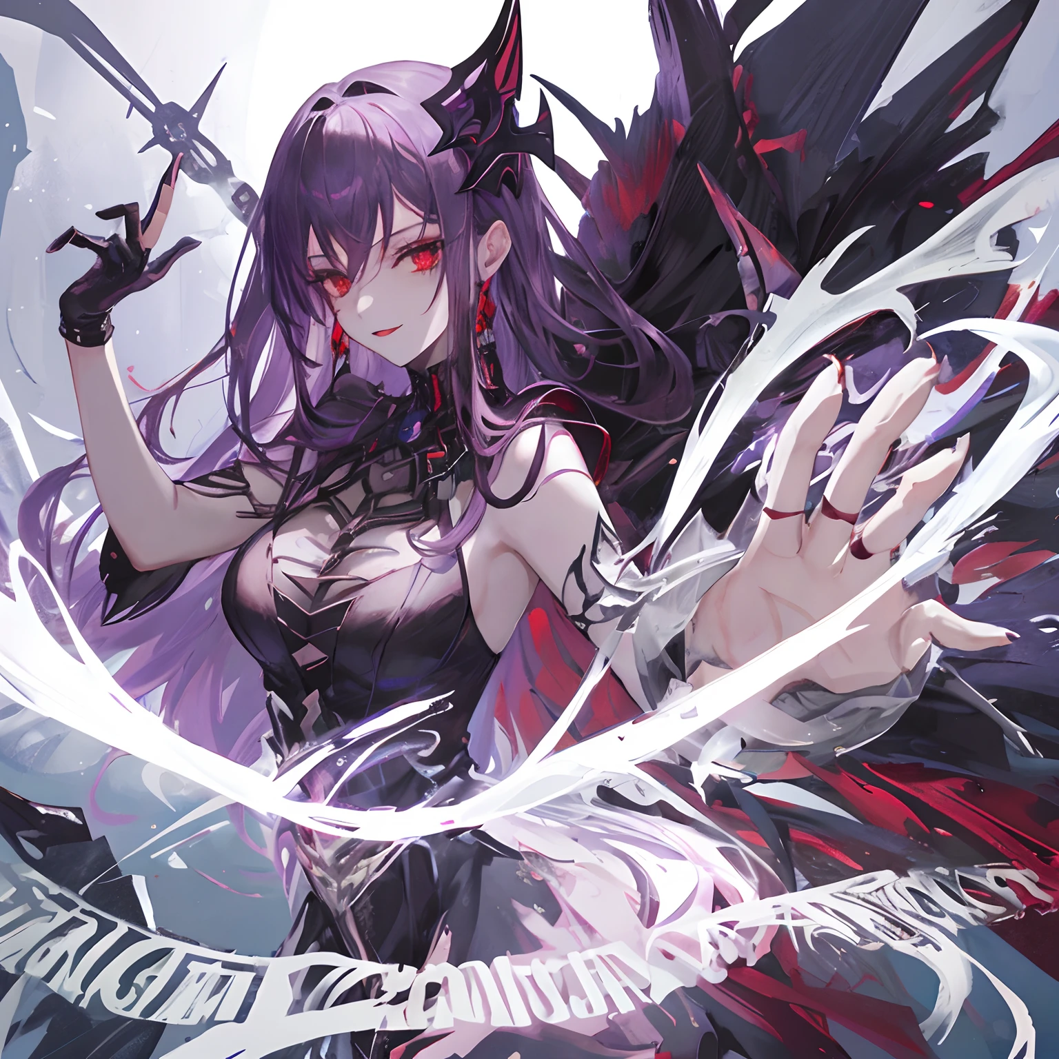 Woman, long dark purple hair, red eyes with a bright light, black long open dress, witch, silver jewelry in the shape of ribs, metal mask on half of the face, black lipstick