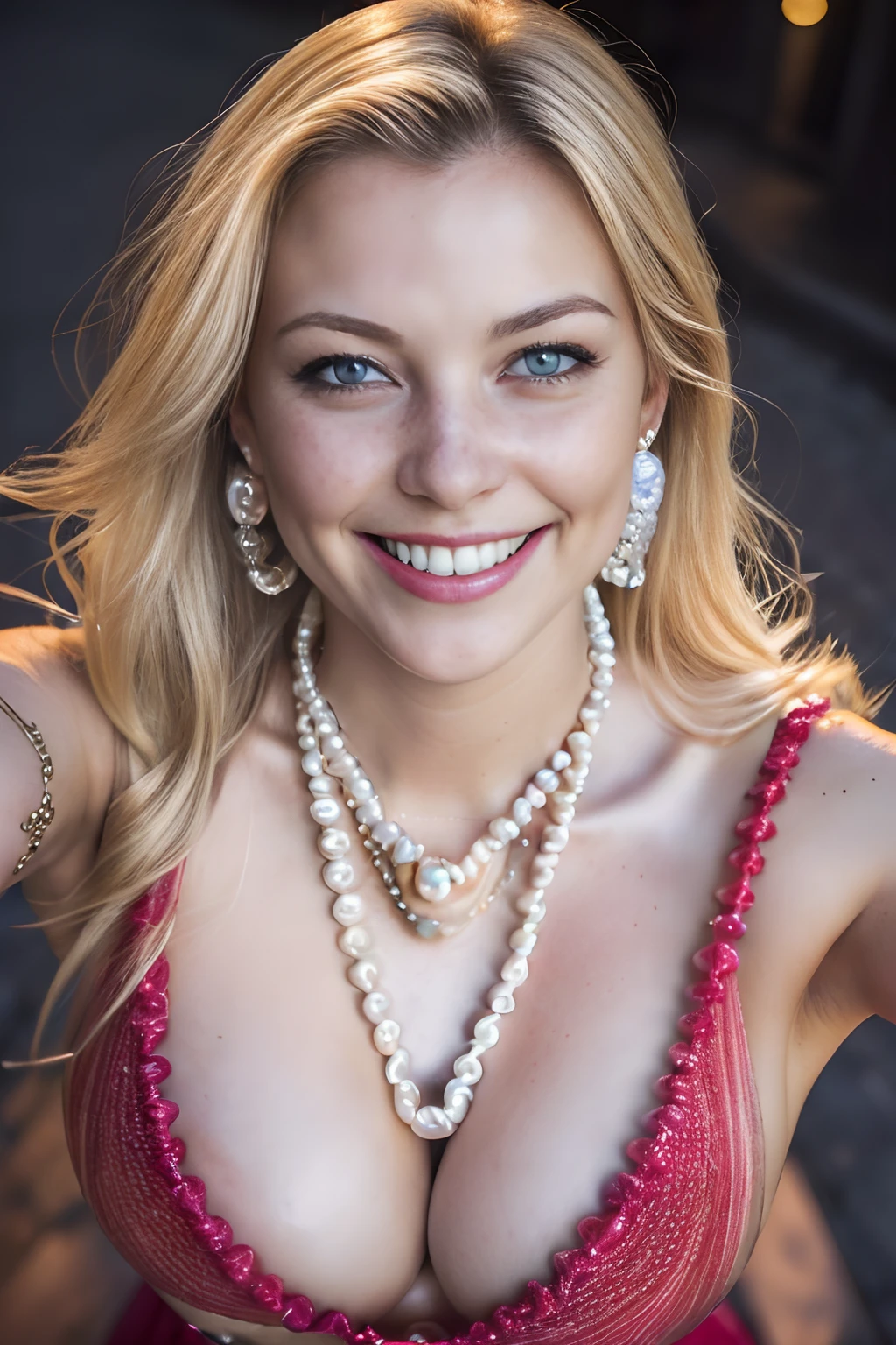 (selfie shot, from above:1.4), (half body portrait:1.4), RAW uhd portrait photo of a 24-year-old blonde (blue-eyed woman) walking down a dark alleyway, nighttime city background, (red sundress), (cleavage), detailed (textures!, hair!, shine, color!!, imperfections:1.2), highly detailed glossy eyes, (looking at the camera), specular lighting, dslr, ultra quality, sharp focus, tack sharp, dof, film grain, (centered), Fujifilm XT3, crystal clear, center of frame, cute face, sharp focus, street lamp, neon lights, bokeh, (dimly lit), low key, at night, (night sky) detailed skin pores, oiled skin, tan, intricate eye detail,huge boobs,(necklaces:1.6),(pearl necklaces:1.6),(boobs:1.8),shirt,lipstick,(cute bright smile:1.5),(tight shirt:1.3),(sexy:1.5), (textured skin, skin pores:1.2),(light freckles:1.2)