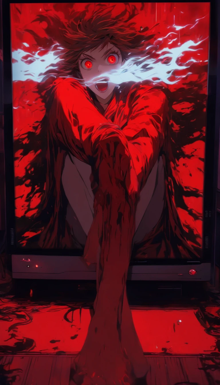 Blood red room, Flashing white TV screen, 1girll, cabelos preto e longos, with hair dishevelled, Cover one eye and face, Bright red eyes, Wearing a white transparent robe, Looming full breasts, Half of the body is stuck on the TV screen, reaching out her hands,Straighten your body, Red nails are exposed, Pinch the camera, hyper HD, Anatomically correct, Textured skin, Super detail, High details, High quality, A high resolution, 8K, hyper HD, Anatomically correct, Textured skin, Super detail, High details, High quality, Best quality, 8K,Leishnampo,Room 2,Horror