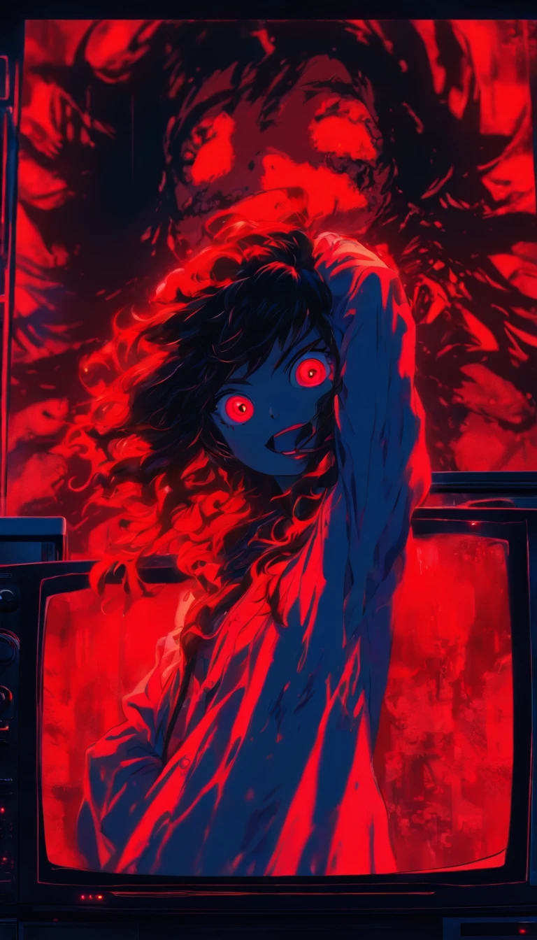 Blood red room, Flashing white TV screen, 1girll, cabelos preto e longos, with hair dishevelled, Cover one eye and face, Bright red eyes, Wearing a white transparent robe, Looming full breasts, Half of the body is stuck on the TV screen, reaching out her hands,Straighten your body, Red nails are exposed, Pinch the camera, hyper HD, Anatomically correct, Textured skin, Super detail, High details, High quality, A high resolution, 8K, hyper HD, Anatomically correct, Textured skin, Super detail, High details, High quality, Best quality, 8K,Leishnampo,Room 2,Horror