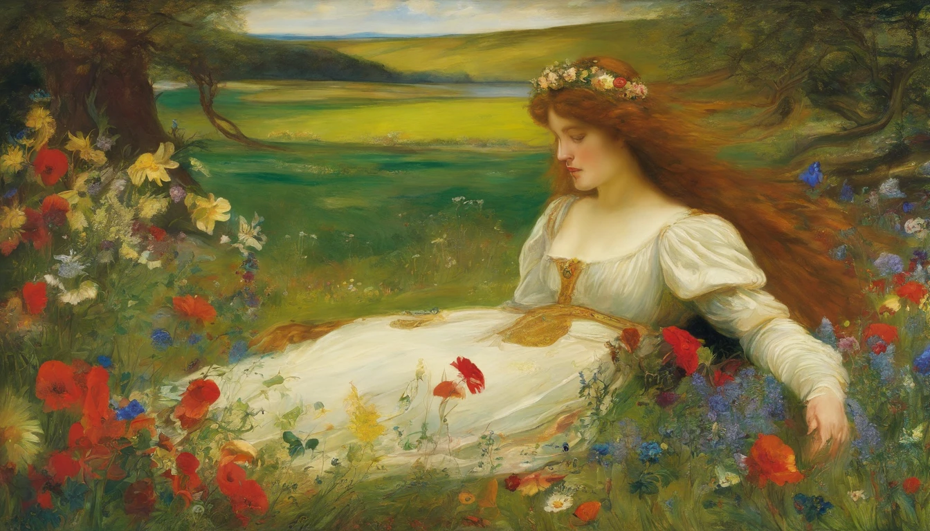 John Everett Millais, Pre-Raphaelites, knight, lady, medieval, banner, wind, sword, flowers, meadow