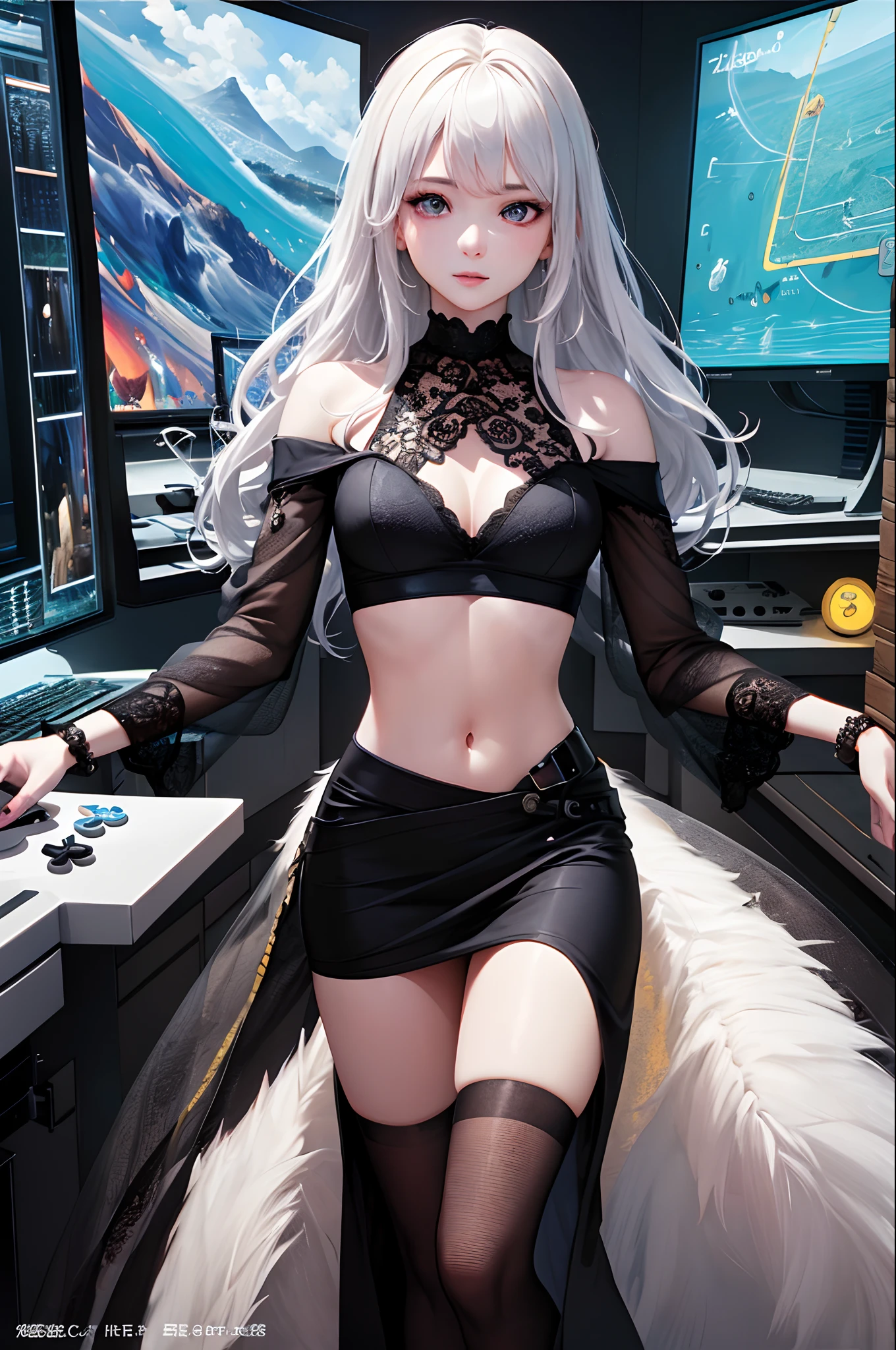 (masterpiece、top-quality:1.6)、black lace dress、cowboy shot、thighs thighs thighs thighs、beautiful a girl、white hair、Longhaire、Game room、personal computers、gaming console、looking at the viewers、small waist、Official Art、Raw foto、Incredibly ridiculous、face lights、Dynamic Lighting、电影灯光、A hyper-realistic、hight resolution、a picture、foco nítido、highestdetailed、ighly detailed、detaile、extremely detailed eye and face
