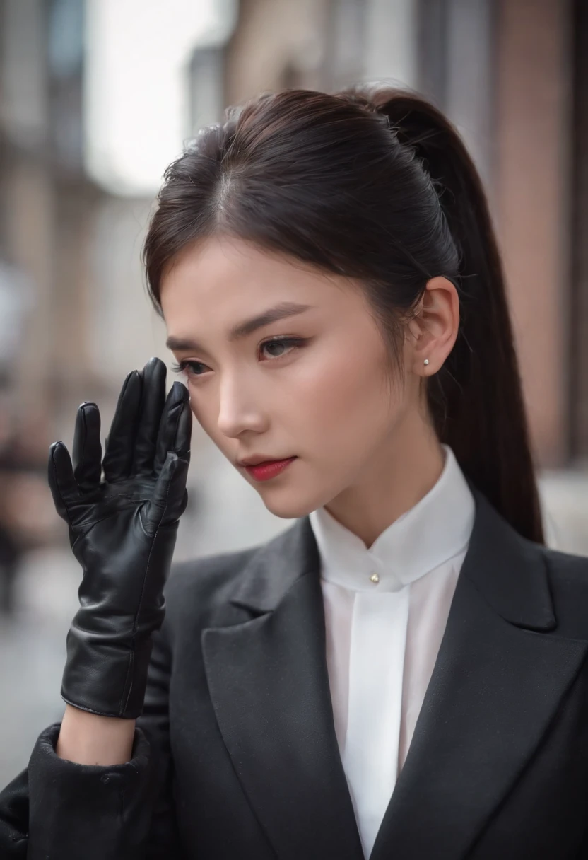 Black leather gloves, black suit, black hair, ponytail, Japanese girl, necklace, upper body